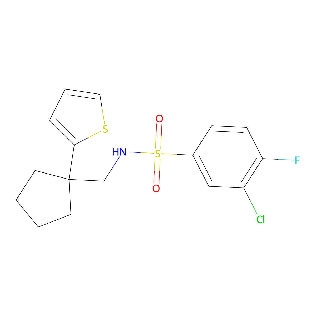 3-chloro-4-fluoro-N-{[1-(thiophen-2-yl)cyclopentyl]methyl}benzene-1-sulfonamide molecular structure, CAS 1058184-78-3