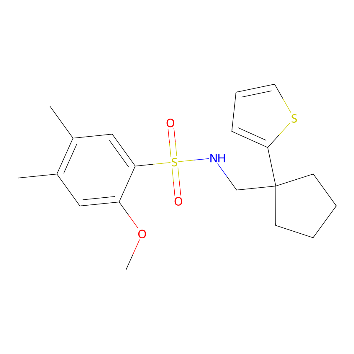 2-methoxy-4,5-dimethyl-N-((1-(thiophen-2-yl)cyclopentyl)methyl)benzenesulfonamide molecular structure, CAS 1058184-84-1