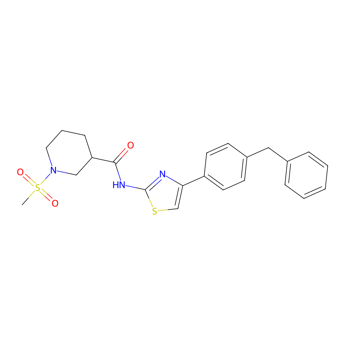 N-(4-(4-benzylphenyl)thiazol-2-yl)-1-(methylsulfonyl)piperidine-3-carboxamide molecular structure, CAS 1058189-12-0