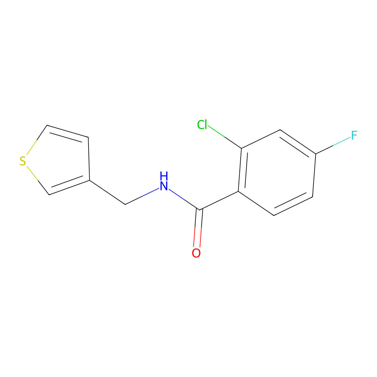 2-chloro-4-fluoro-N-(thiophen-3-ylmethyl)benzamide molecular structure, CAS 1058195-51-9