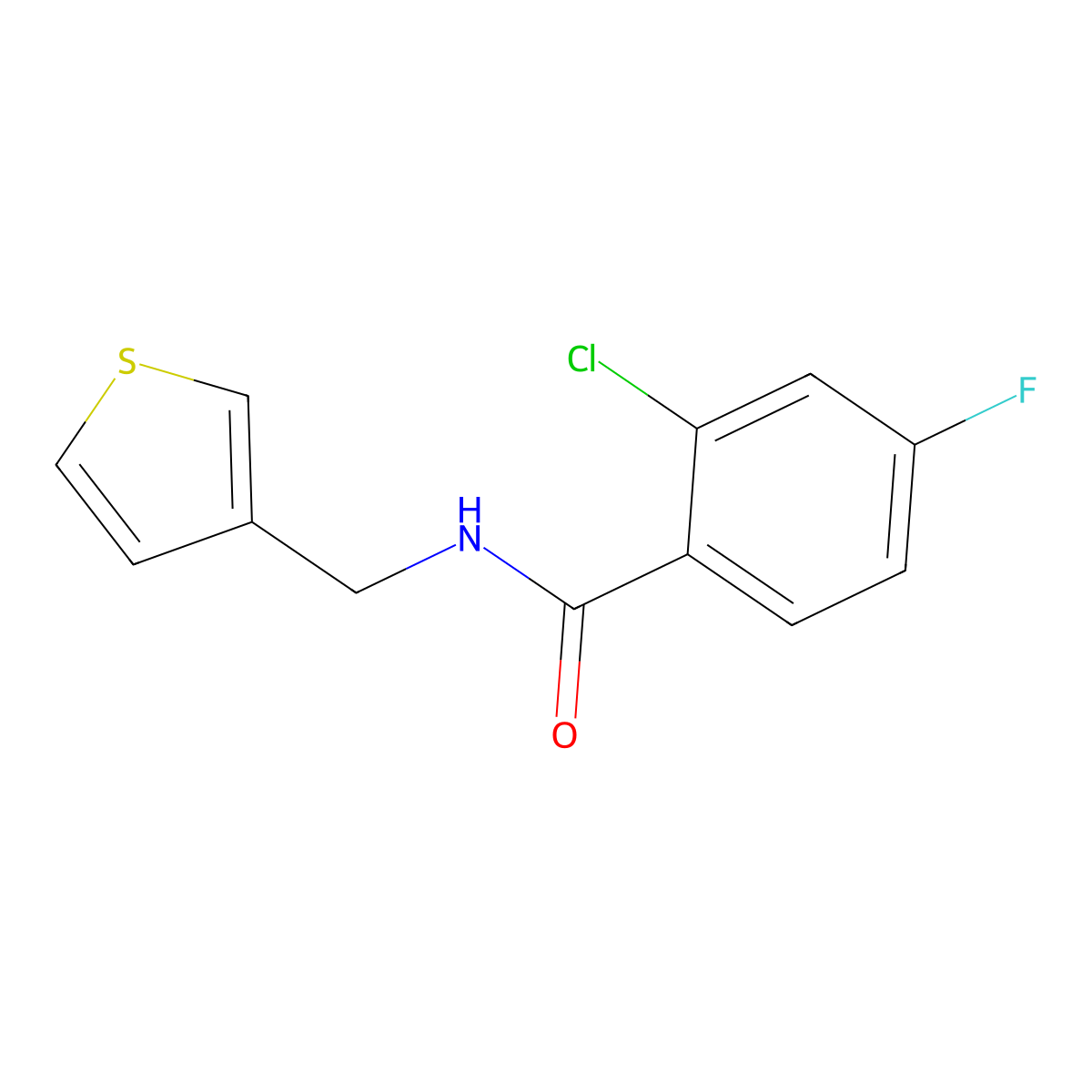 2-chloro-4-fluoro-N-(thiophen-3-ylmethyl)benzamide molecular structure, CAS 1058195-51-9