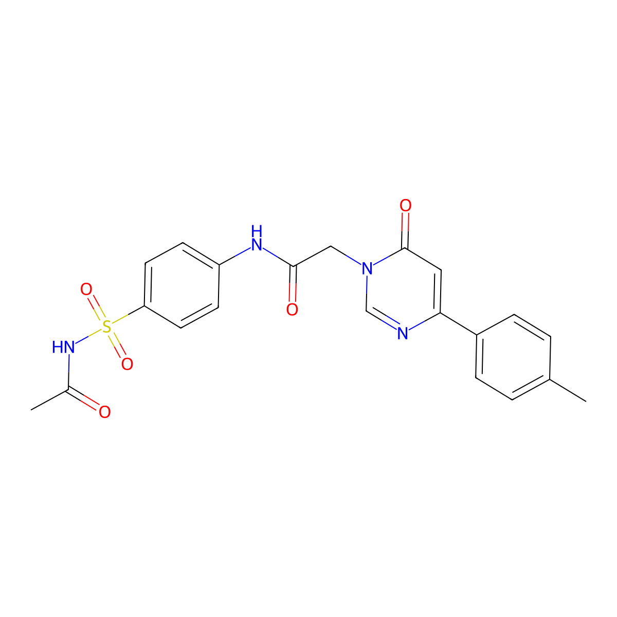 N-(4-{2-[4-(4-methylphenyl)-6-oxo-1,6-dihydropyrimidin-1-yl]acetamido}benzenesulfonyl)acetamide molecular structure, CAS 1058197-93-5