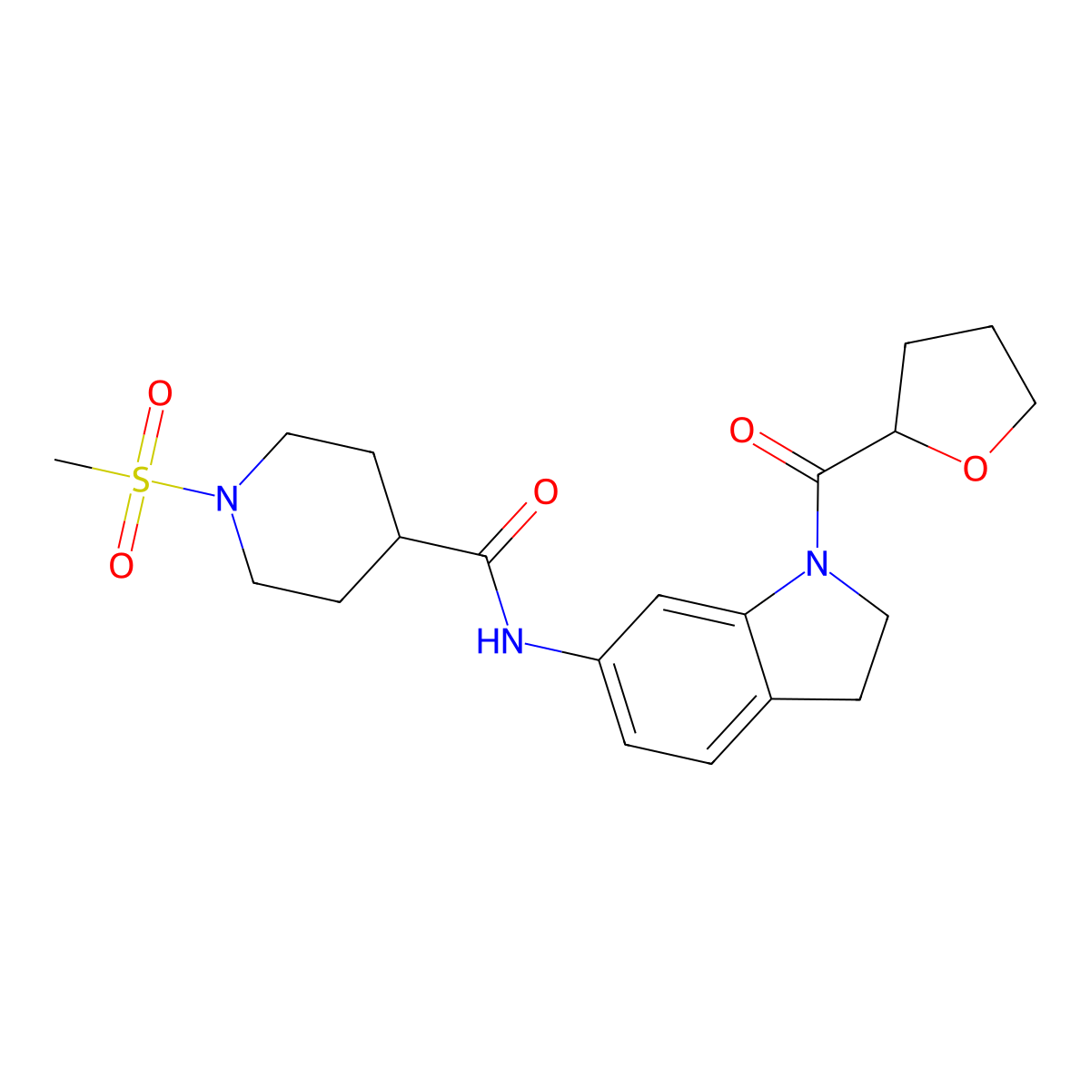 1-(methylsulfonyl)-N-(1-(tetrahydrofuran-2-carbonyl)indolin-6-yl)piperidine-4-carboxamide molecular structure, CAS 1058202-75-7