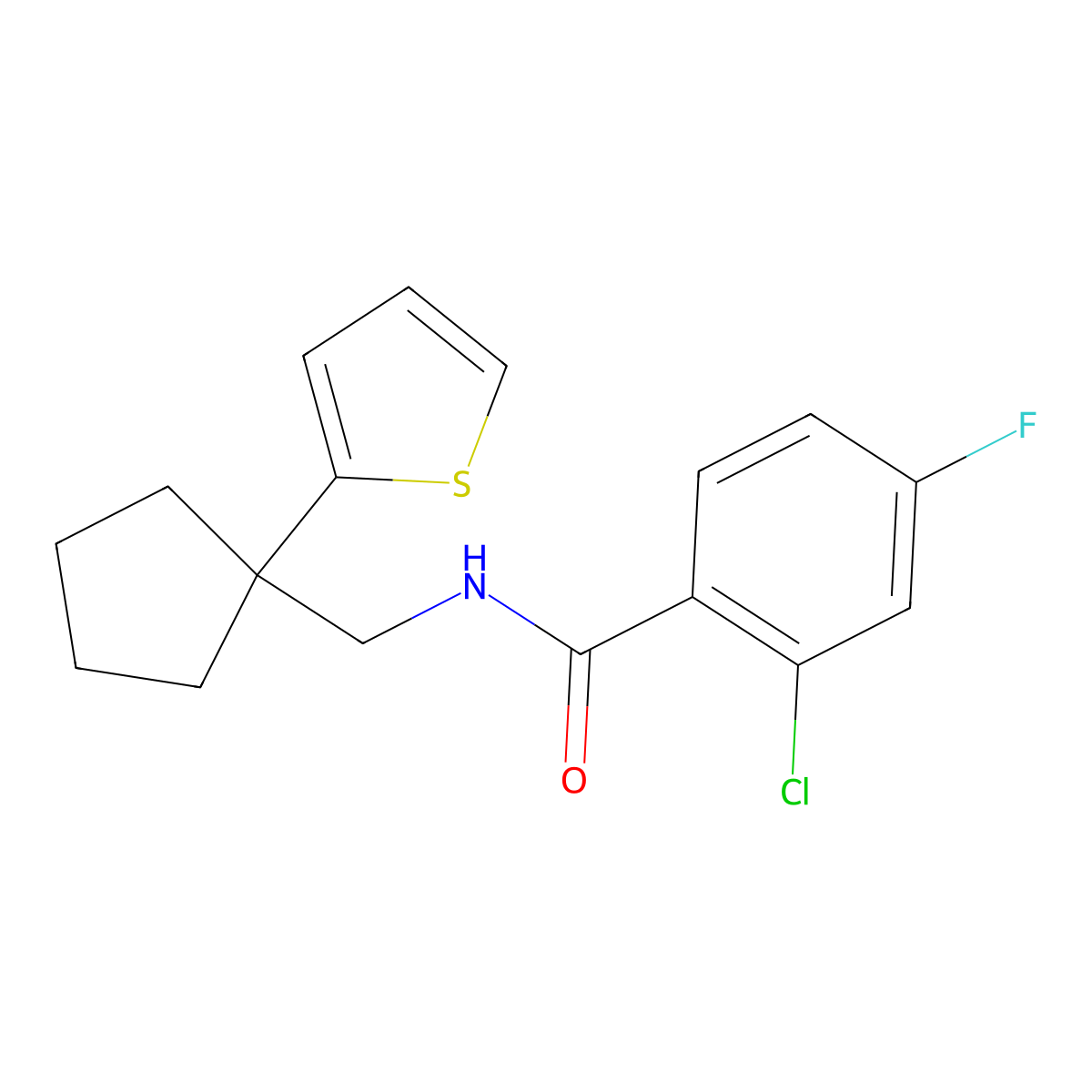 2-chloro-4-fluoro-N-{[1-(thiophen-2-yl)cyclopentyl]methyl}benzamide molecular structure, CAS 1058208-72-2