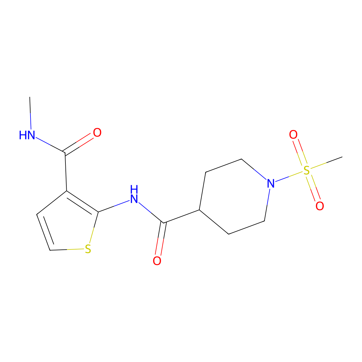 N-(3-(methylcarbamoyl)thiophen-2-yl)-1-(methylsulfonyl)piperidine-4-carboxamide molecular structure, CAS 1058210-55-1