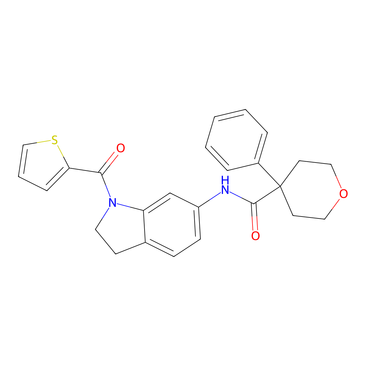 4-phenyl-N-(1-(thiophene-2-carbonyl)indolin-6-yl)tetrahydro-2H-pyran-4-carboxamide molecular structure, CAS 1058220-18-0