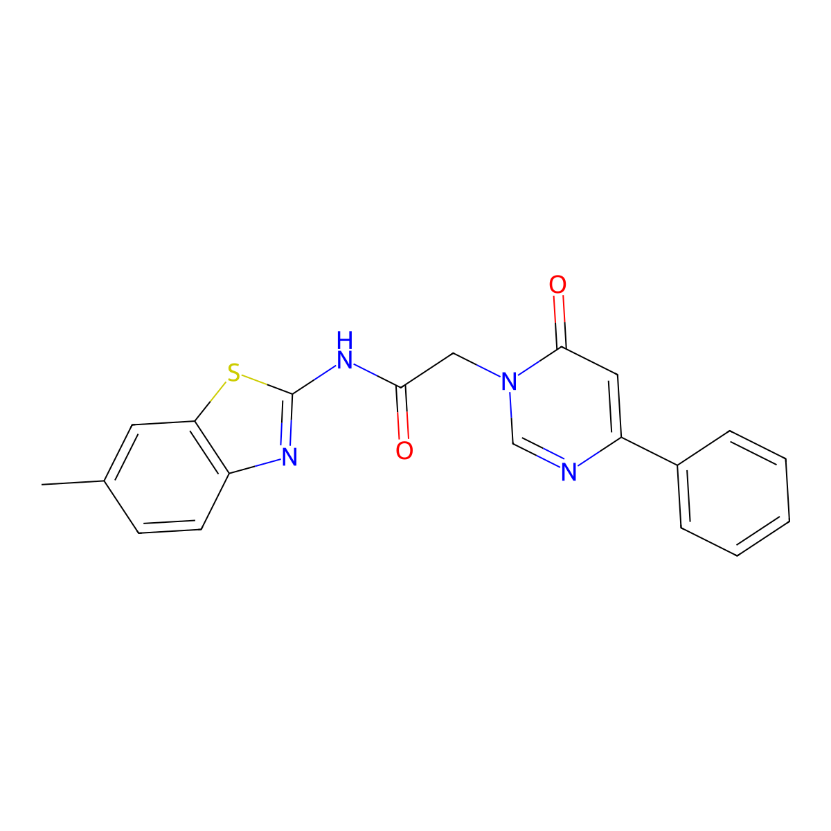 N-(6-methylbenzo[d]thiazol-2-yl)-2-(6-oxo-4-phenylpyrimidin-1(6H)-yl)acetamide molecular structure, CAS 1058226-39-3