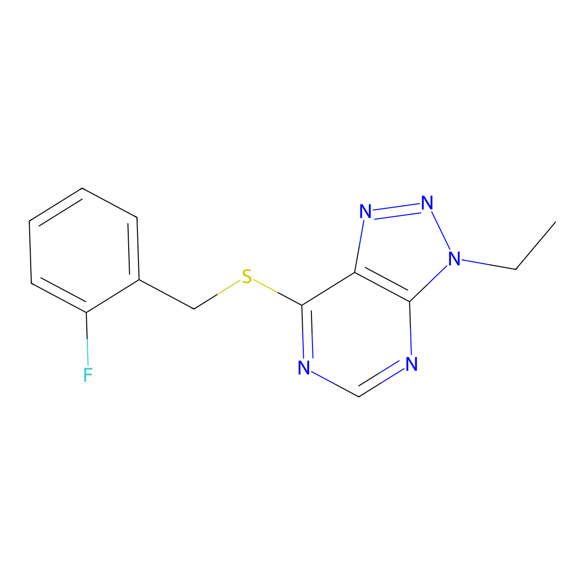 3-ethyl-7-((2-fluorobenzyl)thio)-3H-[1,2,3]triazolo[4,5-d]pyrimidine molecular structure, CAS 1058232-11-3