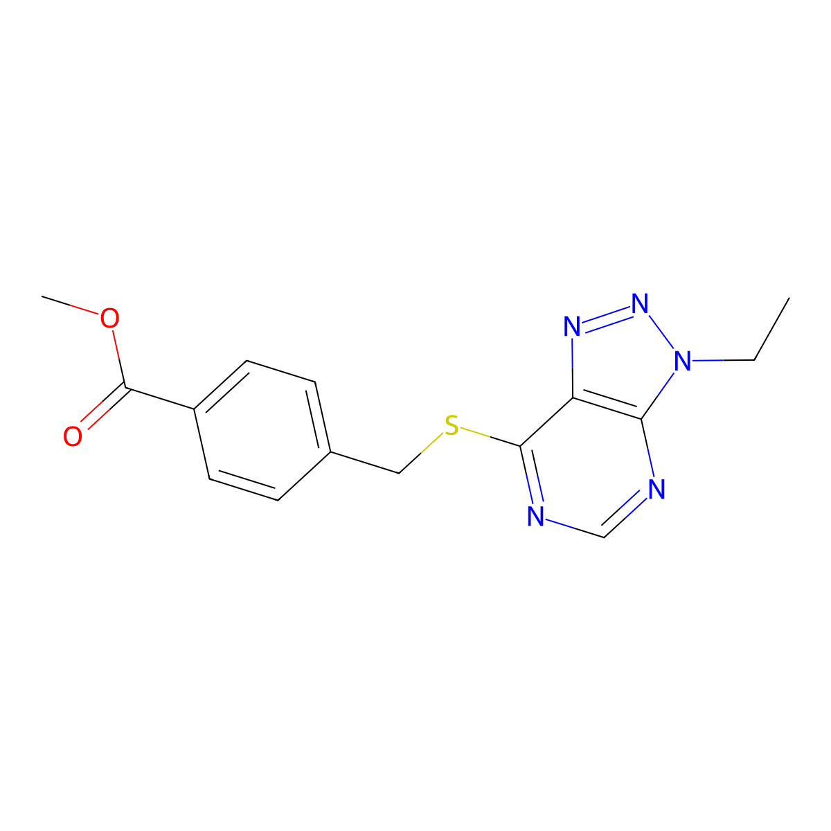 methyl 4-(((3-ethyl-3H-[1,2,3]triazolo[4,5-d]pyrimidin-7-yl)thio)methyl)benzoate molecular structure, CAS 1058232-13-5