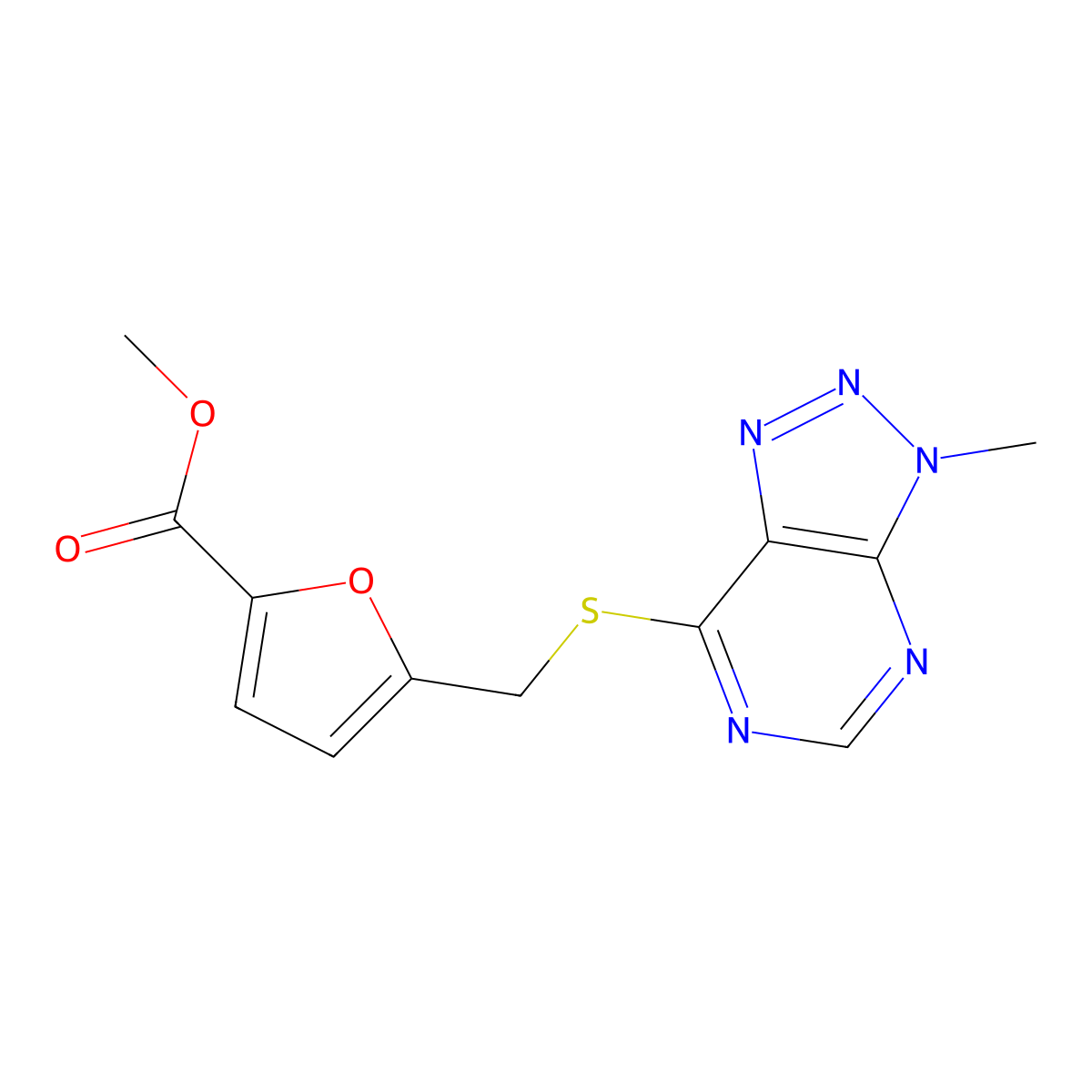 methyl 5-(((3-methyl-3H-[1,2,3]triazolo[4,5-d]pyrimidin-7-yl)thio)methyl)furan-2-carboxylate molecular structure, CAS 1058238-65-5