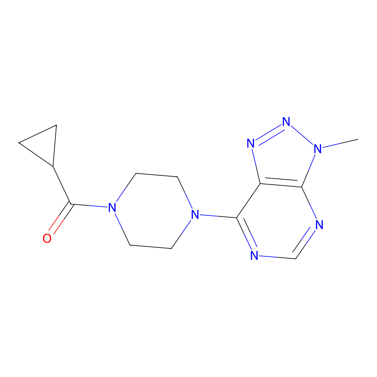 1-cyclopropanecarbonyl-4-{3-methyl-3H-[1,2,3]triazolo[4,5-d]pyrimidin-7-yl}piperazine molecular structure, CAS 1058239-01-2