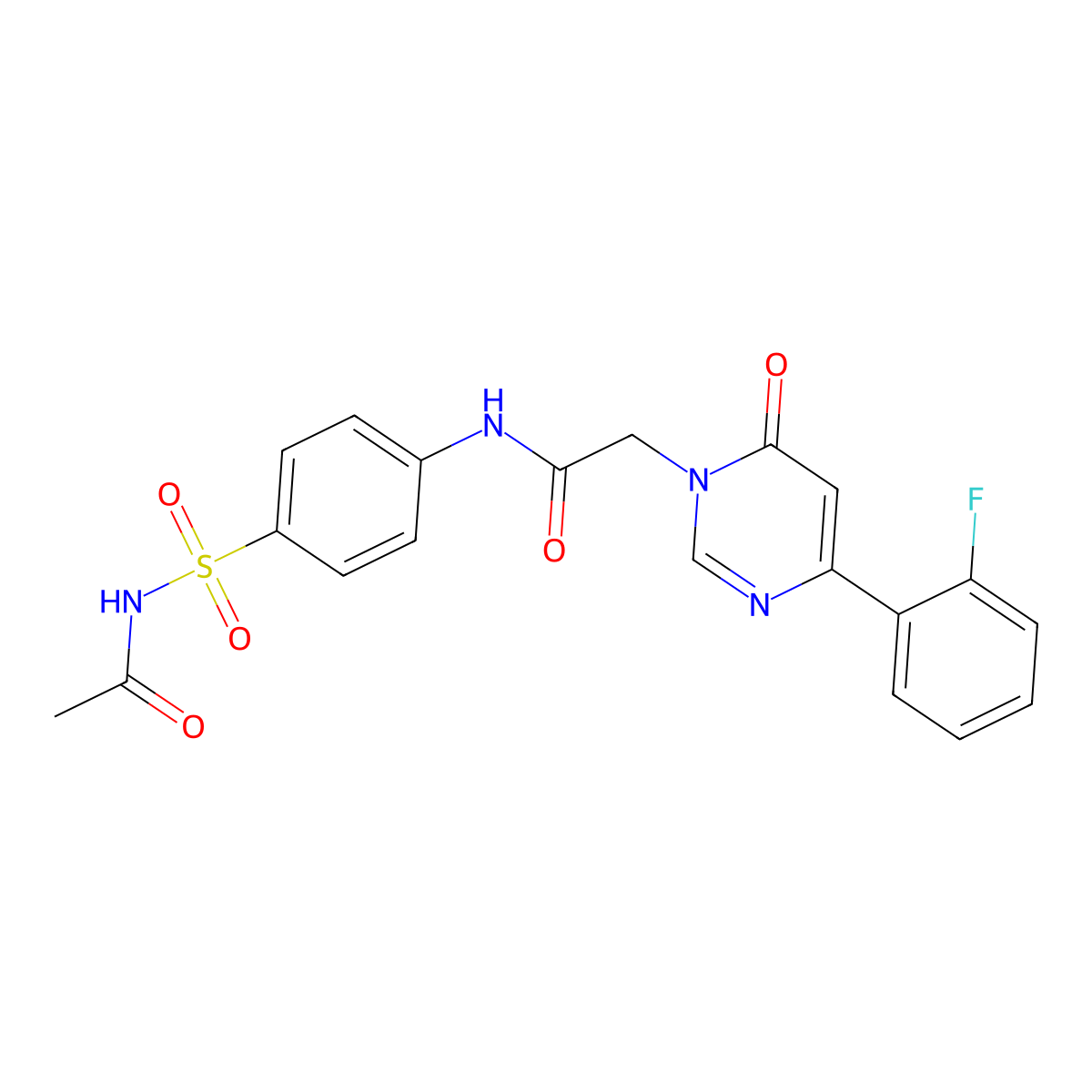 N-(4-{2-[4-(2-fluorophenyl)-6-oxo-1,6-dihydropyrimidin-1-yl]acetamido}benzenesulfonyl)acetamide molecular structure, CAS 1058240-65-5