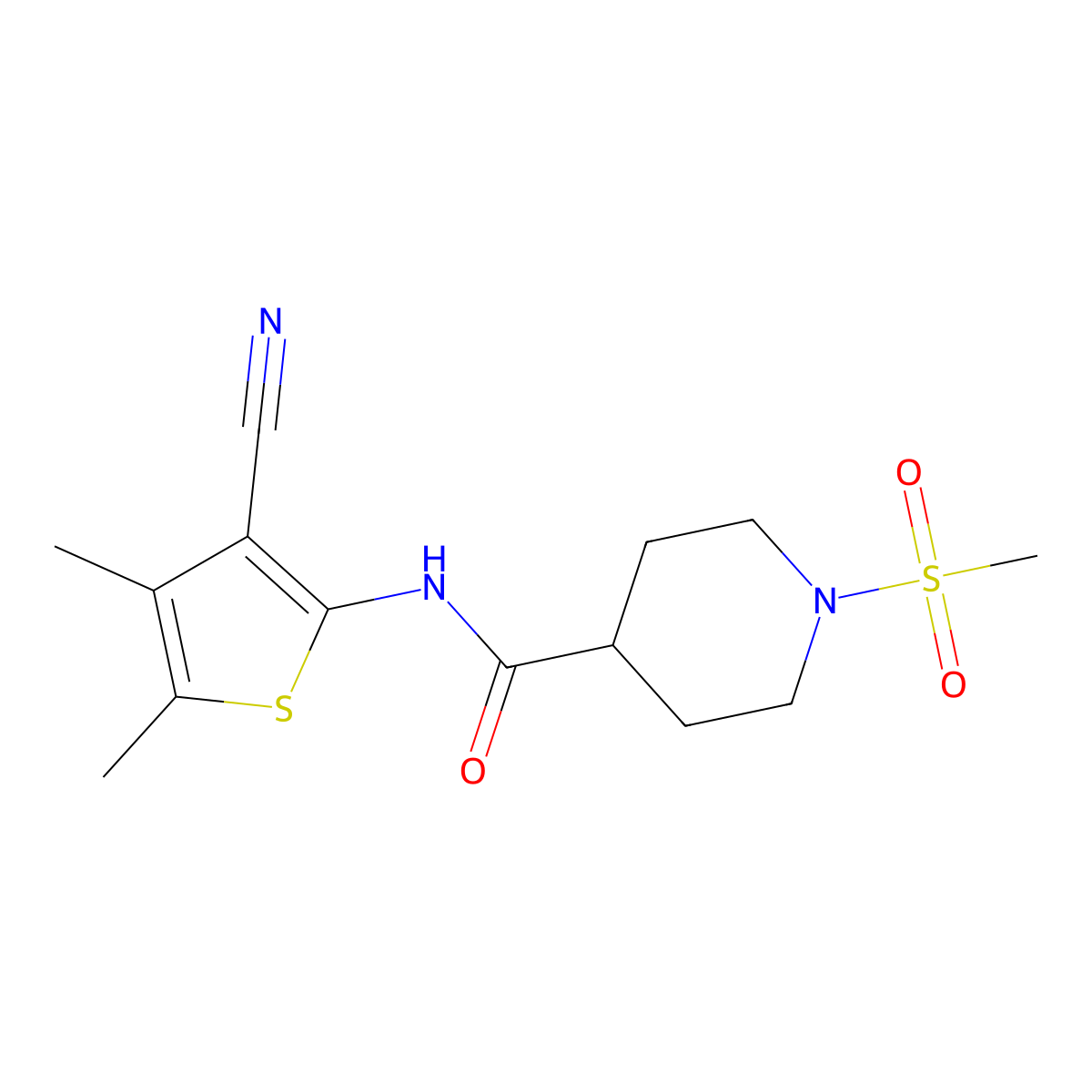 N-(3-cyano-4,5-dimethylthiophen-2-yl)-1-(methylsulfonyl)piperidine-4-carboxamide molecular structure, CAS 1058242-79-7