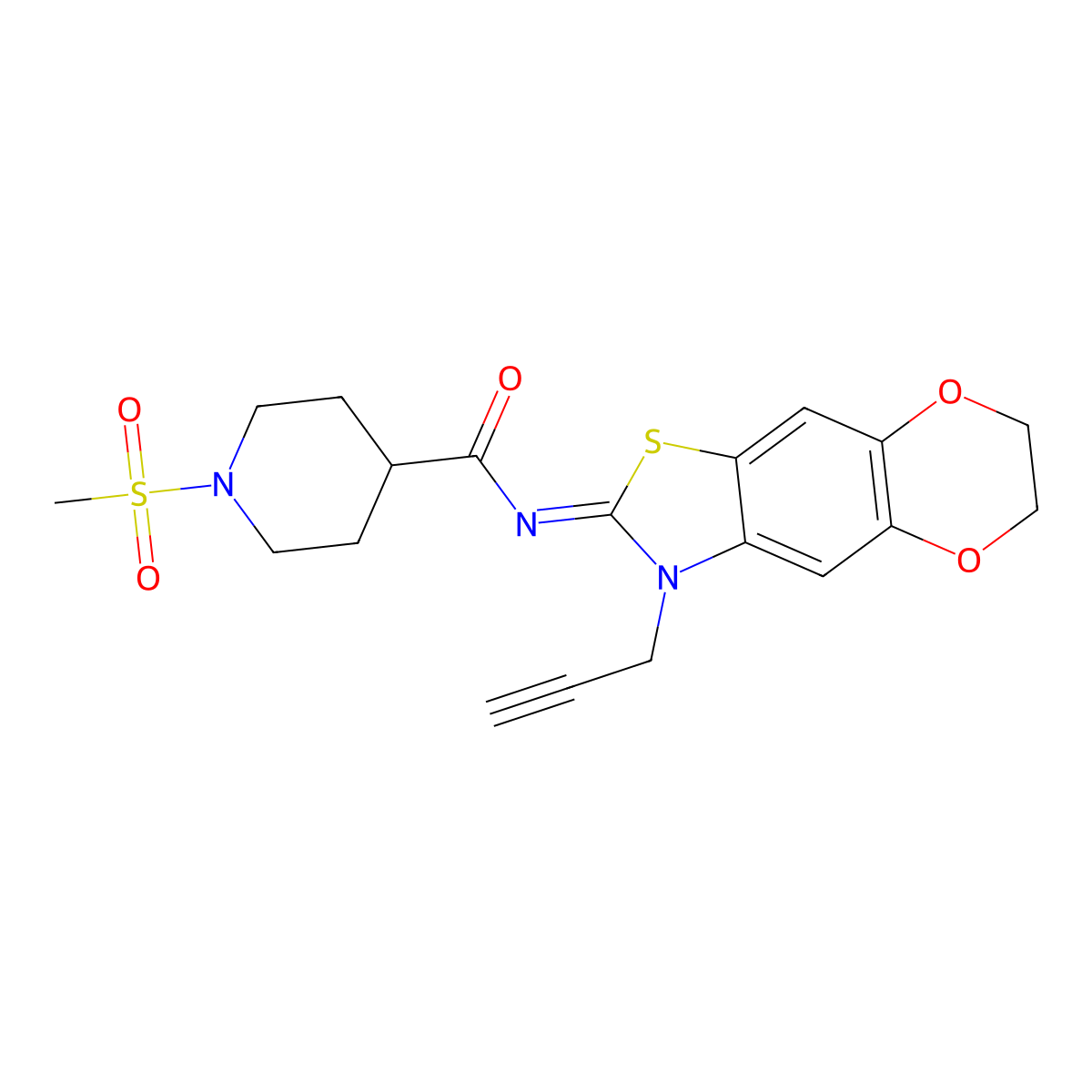(E)-1-(methylsulfonyl)-N-(3-(prop-2-yn-1-yl)-6,7-dihydro-[1,4]dioxino[2',3':4,5]benzo[1,2-d]thiazol-2(3H)-ylidene)piperidine-4-carboxamide molecular structure, CAS 1058243-66-5