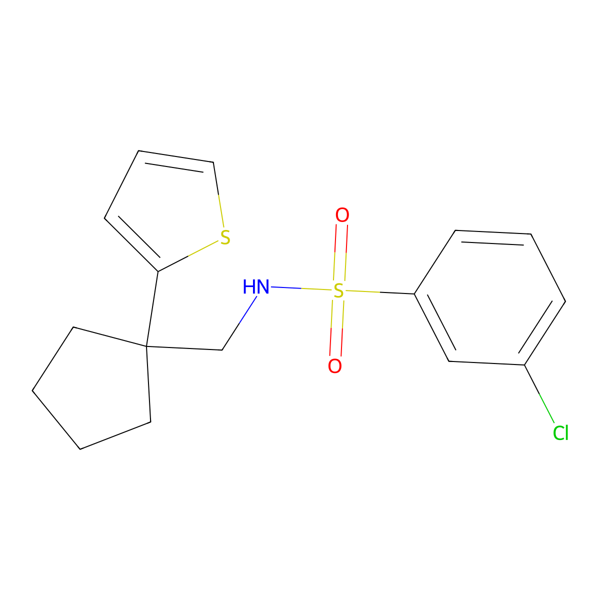 3-chloro-N-((1-(thiophen-2-yl)cyclopentyl)methyl)benzenesulfonamide molecular structure, CAS 1058249-54-9