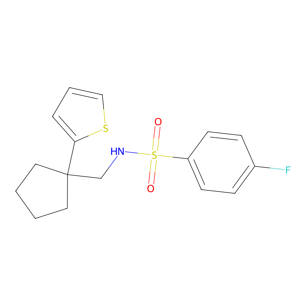4-fluoro-N-((1-(thiophen-2-yl)cyclopentyl)methyl)benzenesulfonamide molecular structure, CAS 1058249-55-0