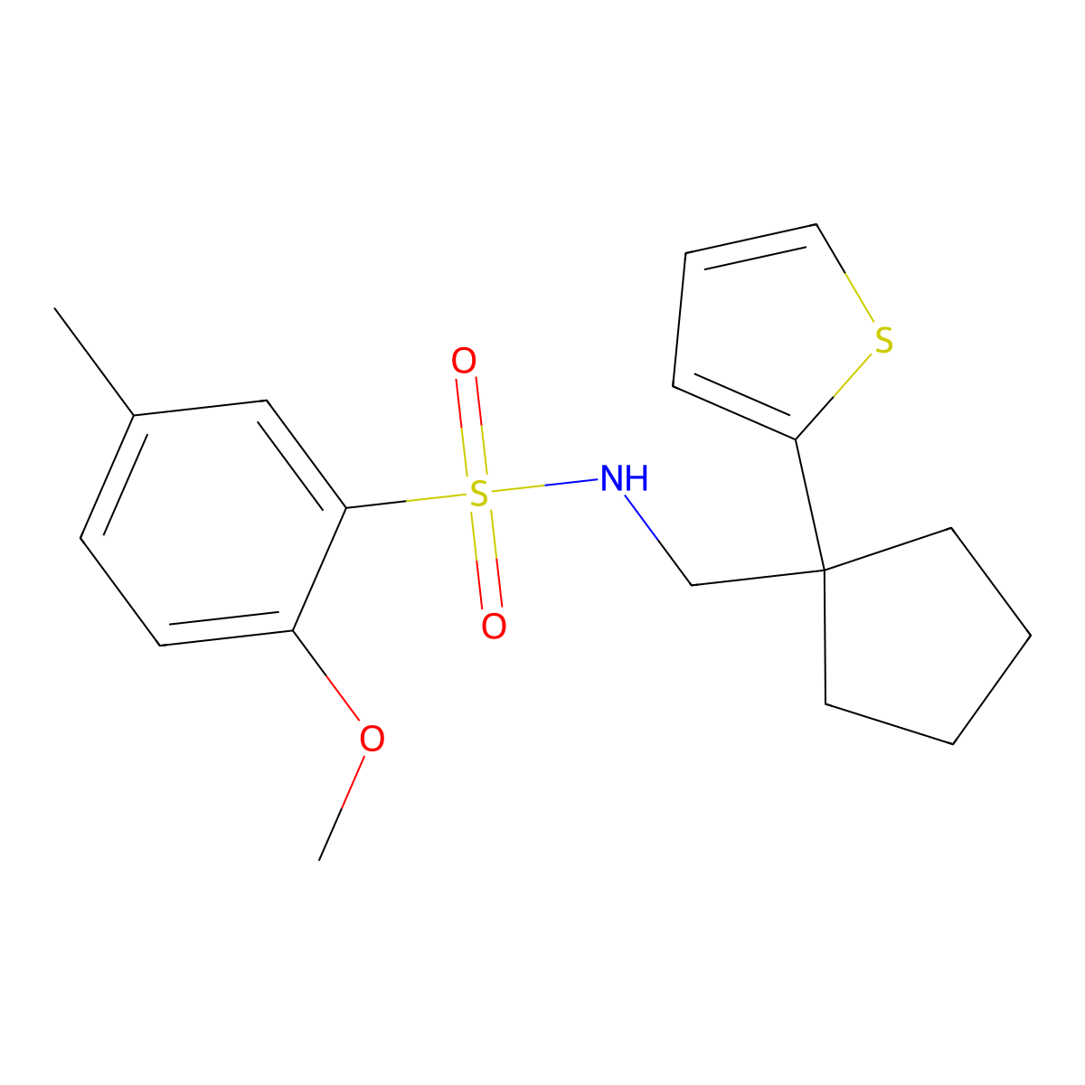 2-methoxy-5-methyl-N-((1-(thiophen-2-yl)cyclopentyl)methyl)benzenesulfonamide molecular structure, CAS 1058249-60-7