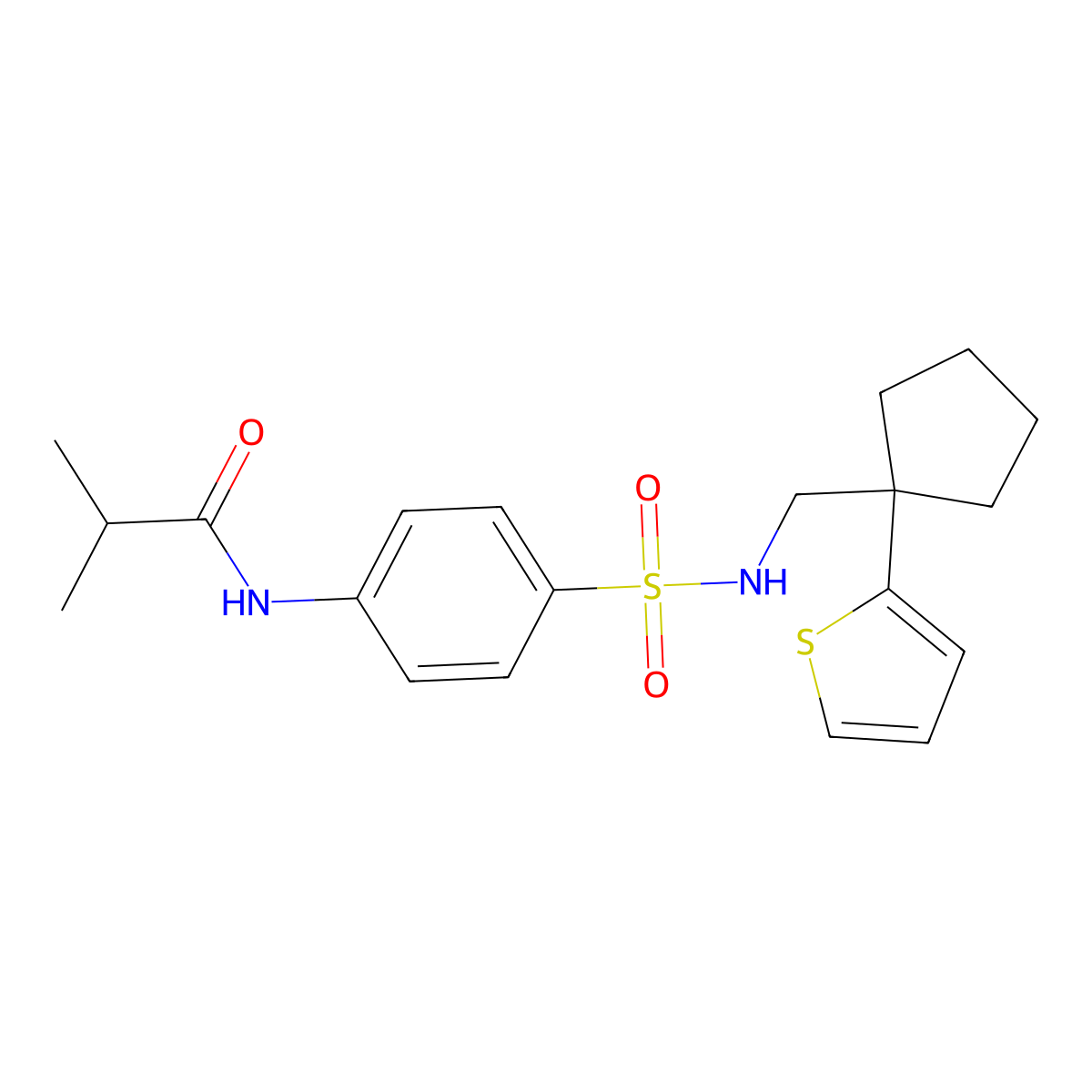 2-methyl-N-[4-({[1-(thiophen-2-yl)cyclopentyl]methyl}sulfamoyl)phenyl]propanamide molecular structure, CAS 1058249-66-3