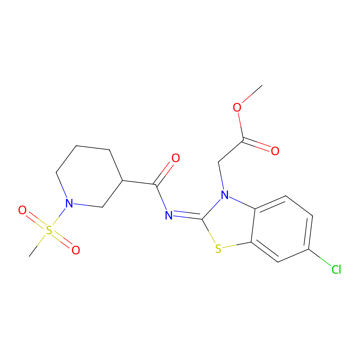 (Z)-methyl 2-(6-chloro-2-((1-(methylsulfonyl)piperidine-3-carbonyl)imino)benzo[d]thiazol-3(2H)-yl)acetate molecular structure, CAS 1058250-92-2