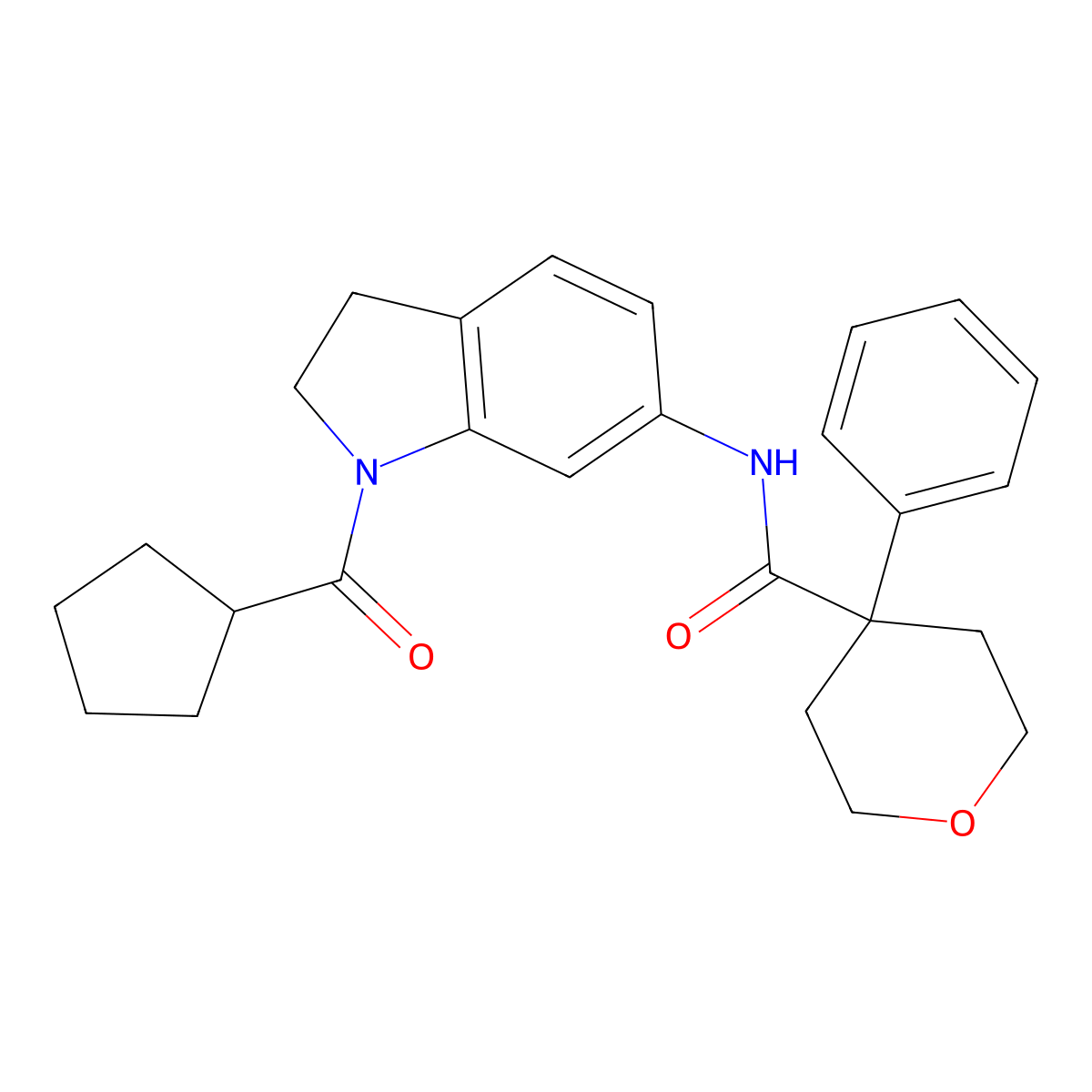 N-(1-cyclopentanecarbonyl-2,3-dihydro-1H-indol-6-yl)-4-phenyloxane-4-carboxamide molecular structure, CAS 1058256-60-2