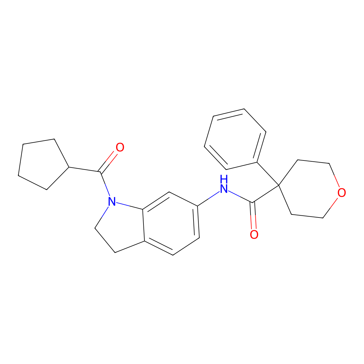 N-(1-cyclopentanecarbonyl-2,3-dihydro-1H-indol-6-yl)-4-phenyloxane-4-carboxamide molecular structure, CAS 1058256-60-2