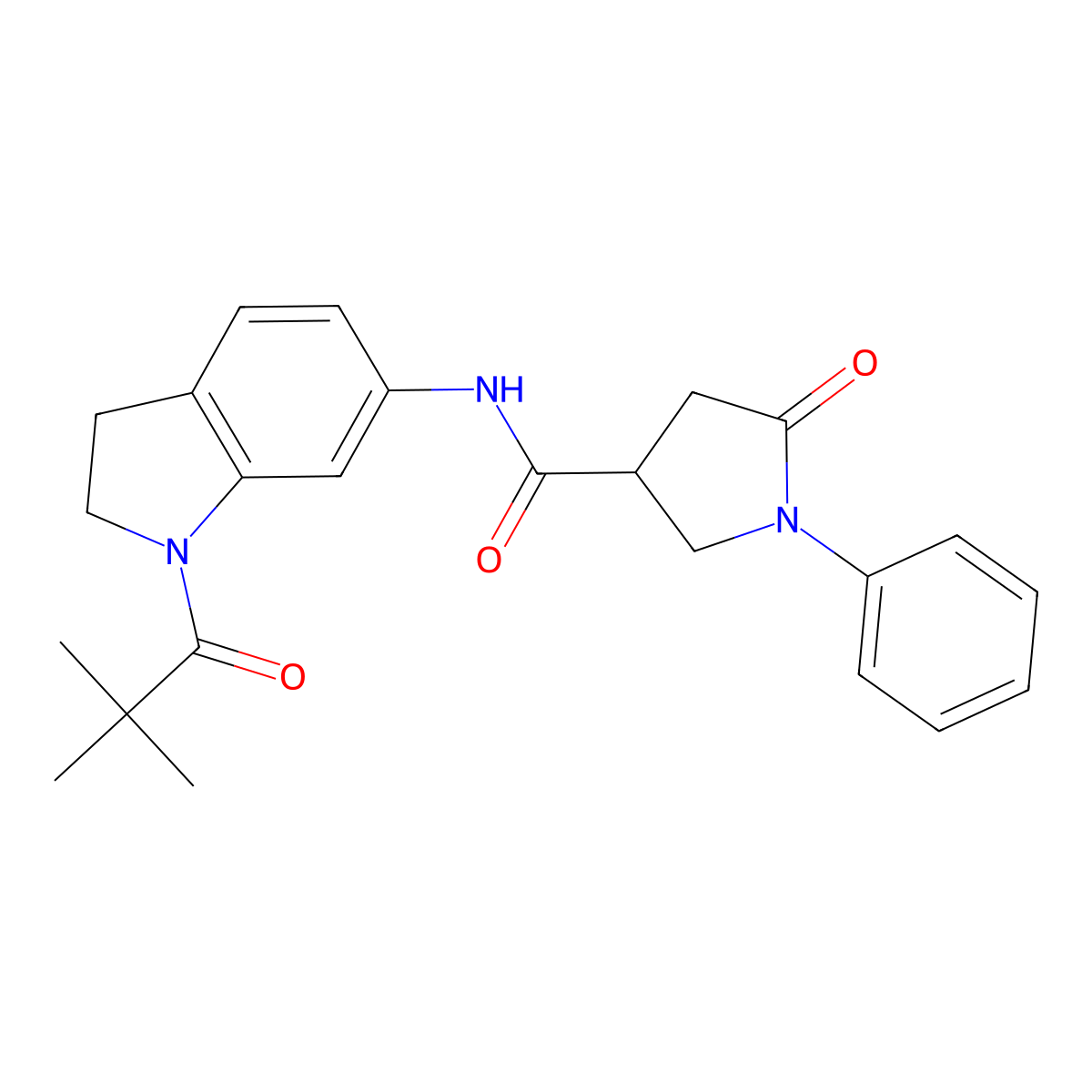 5-oxo-1-phenyl-N-(1-pivaloylindolin-6-yl)pyrrolidine-3-carboxamide molecular structure, CAS 1058257-14-9