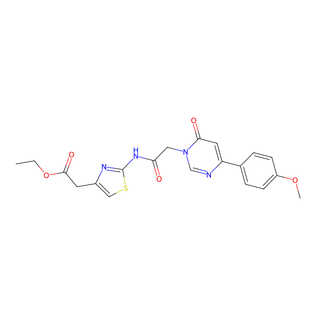 Ethyl 2-(2-{2-[4-(4-methoxyphenyl)-6-oxo-1,6-dihydropyrimidin-1-yl]acetamido}-1,3-thiazol-4-yl)acetate molecular structure, CAS 1058373-55-9