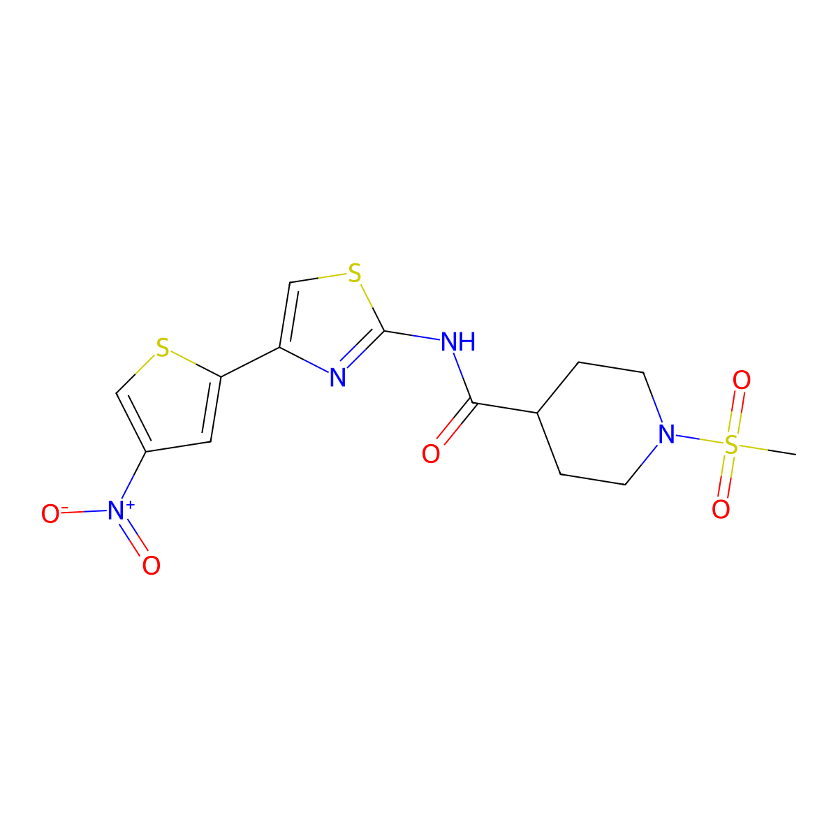 1-(methylsulfonyl)-N-(4-(4-nitrothiophen-2-yl)thiazol-2-yl)piperidine-4-carboxamide molecular structure, CAS 1058381-44-4