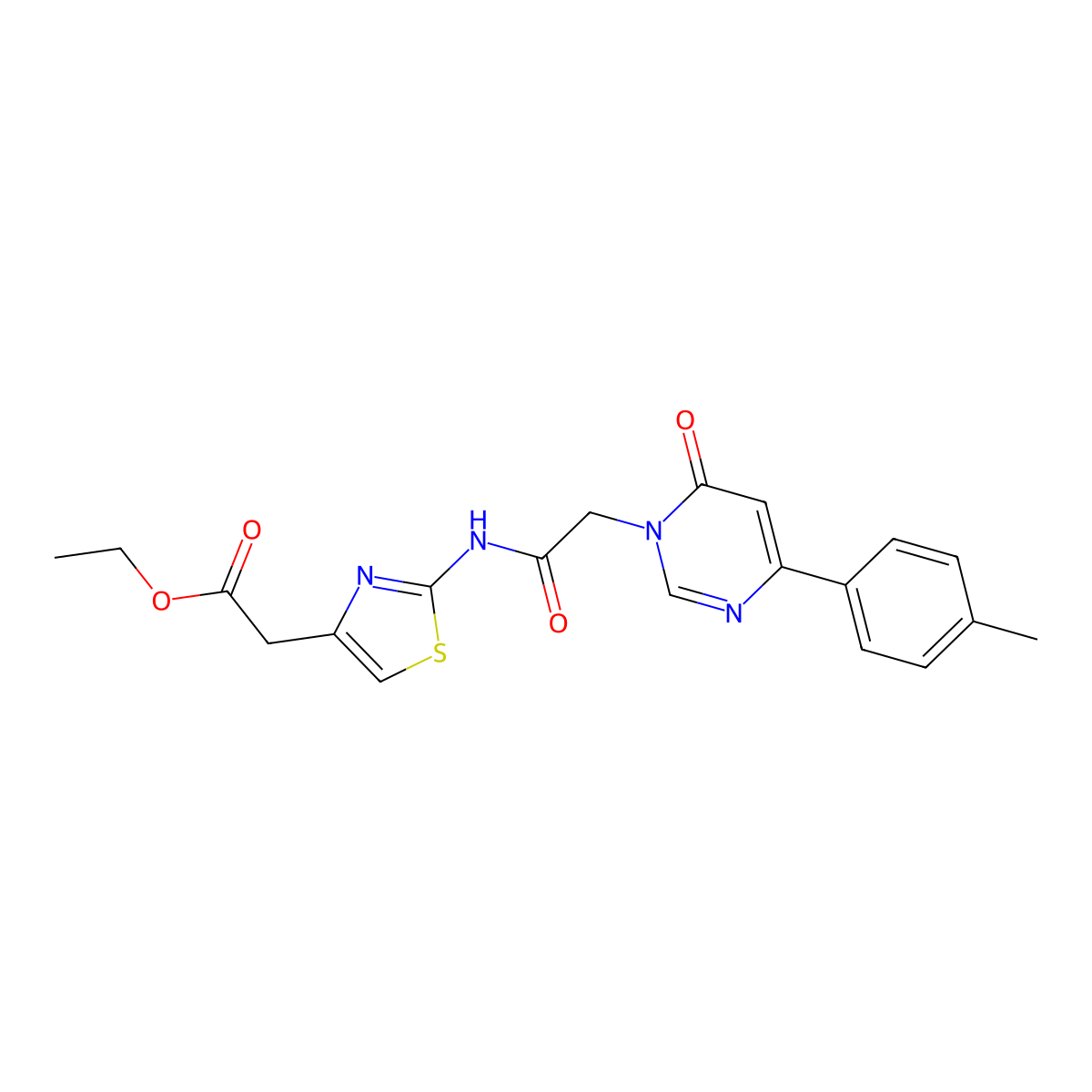 Ethyl 2-(2-{2-[4-(4-methylphenyl)-6-oxo-1,6-dihydropyrimidin-1-yl]acetamido}-1,3-thiazol-4-yl)acetate molecular structure, CAS 1058423-60-1