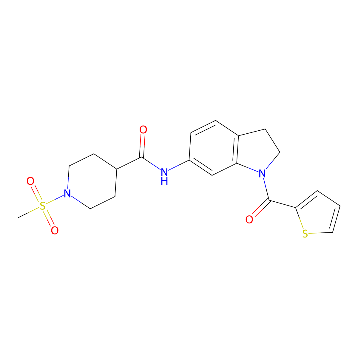 1-methanesulfonyl-N-[1-(thiophene-2-carbonyl)-2,3-dihydro-1H-indol-6-yl]piperidine-4-carboxamide molecular structure, CAS 1058428-32-2