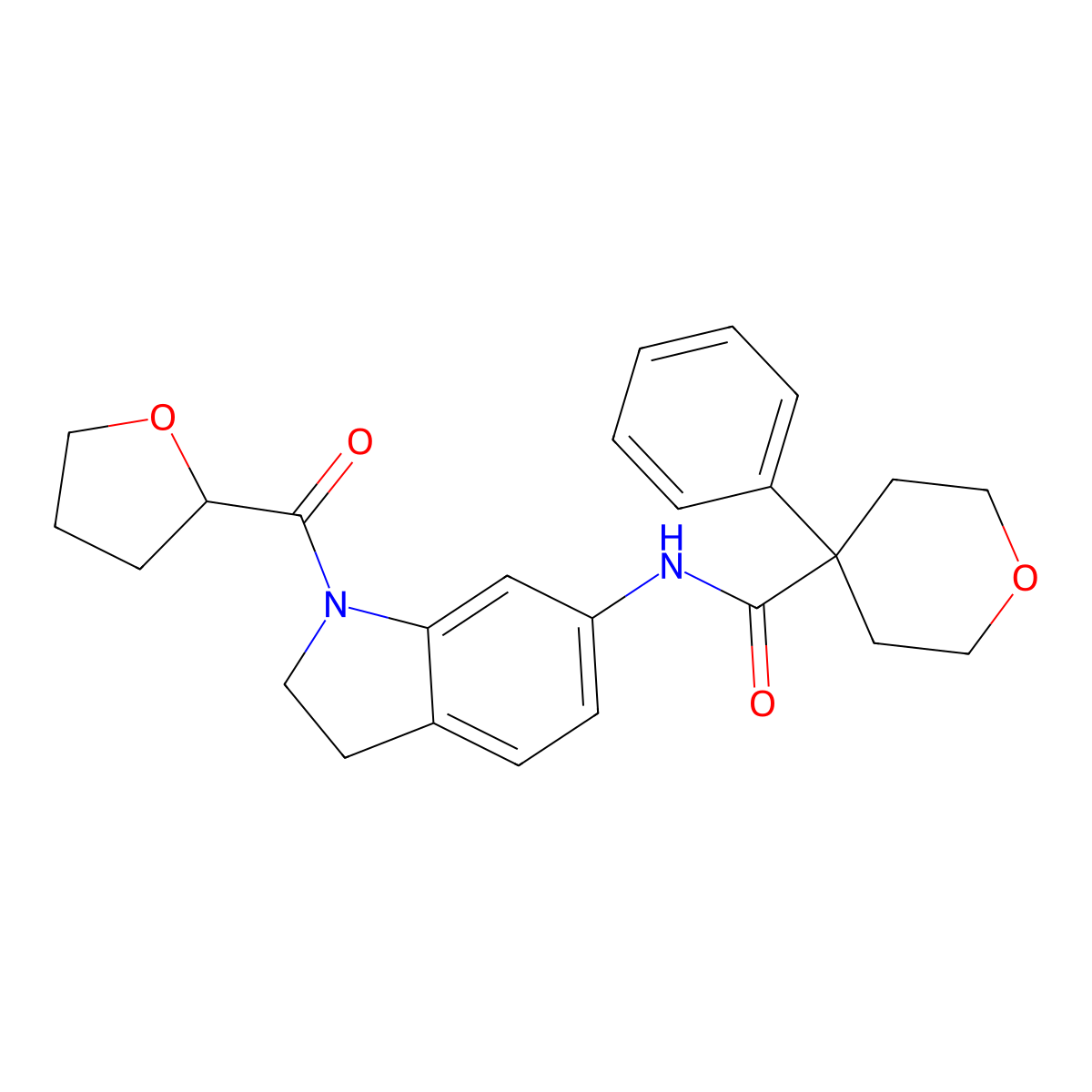 4-phenyl-N-(1-(tetrahydrofuran-2-carbonyl)indolin-6-yl)tetrahydro-2H-pyran-4-carboxamide molecular structure, CAS 1058453-49-8