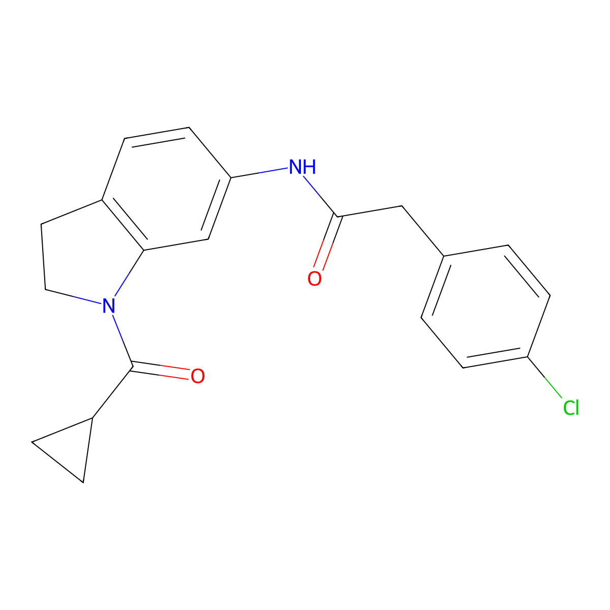 2-(4-chlorophenyl)-N-(1-(cyclopropanecarbonyl)indolin-6-yl)acetamide molecular structure, CAS 1058454-23-1