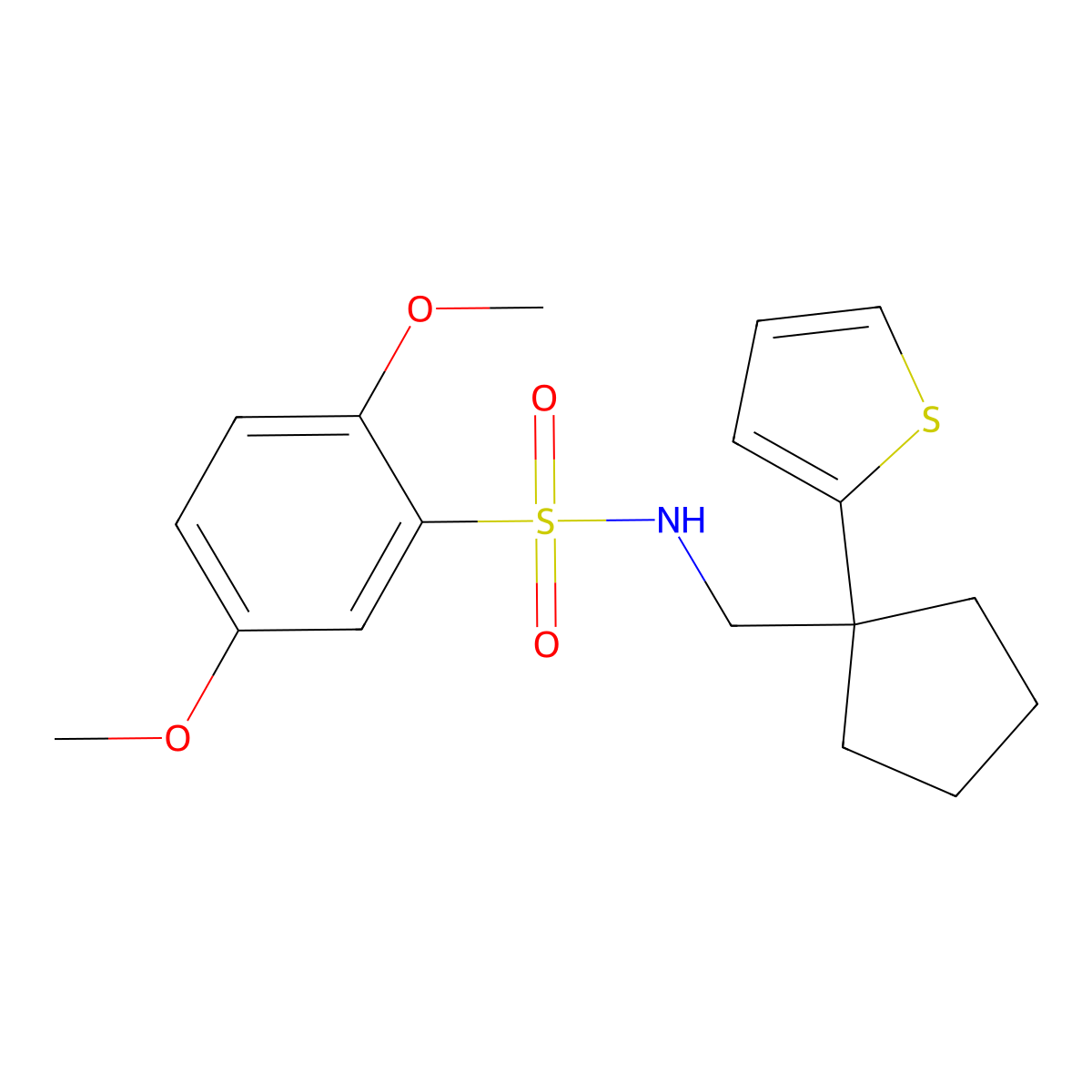 2,5-dimethoxy-N-((1-(thiophen-2-yl)cyclopentyl)methyl)benzenesulfonamide molecular structure, CAS 1058475-70-9