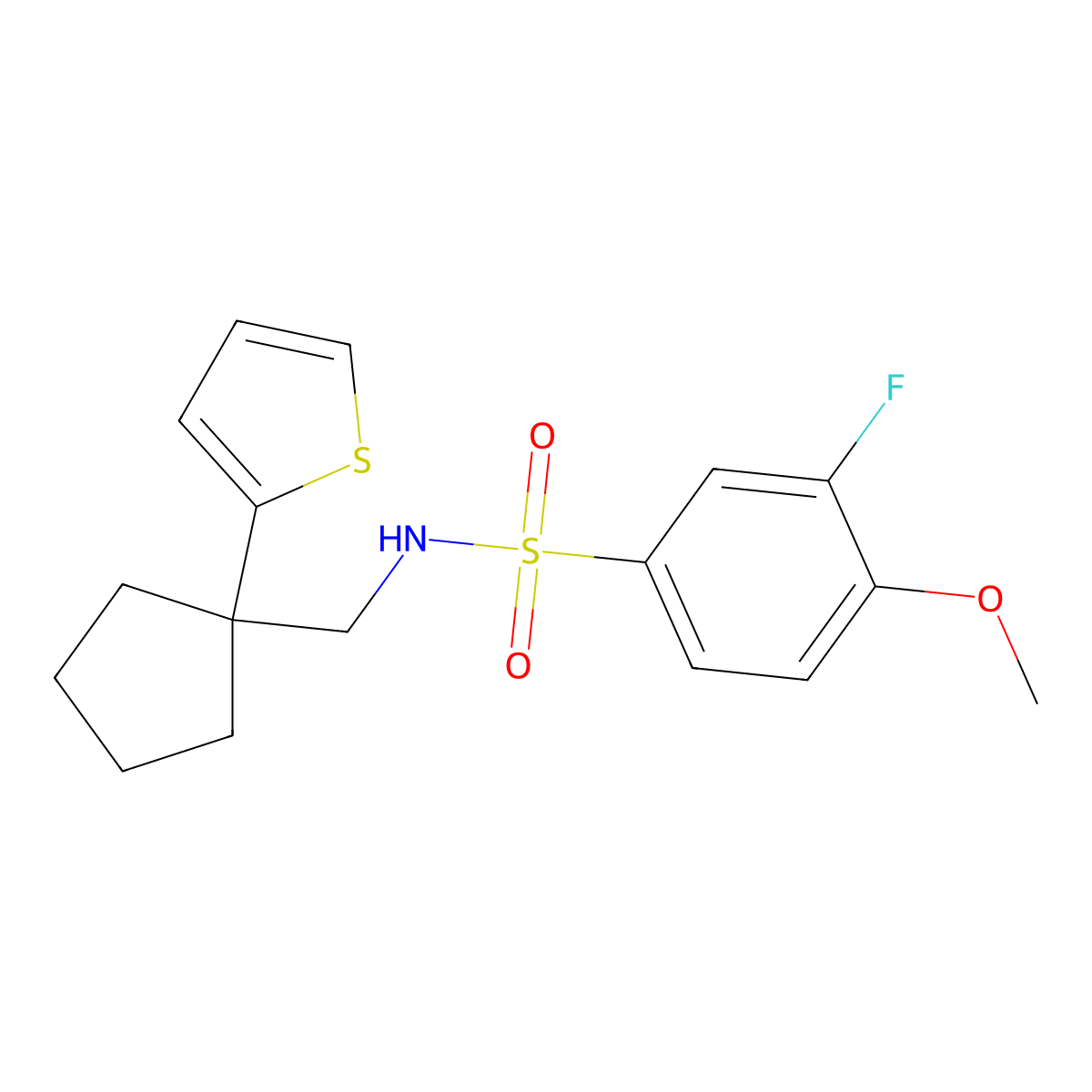 3-fluoro-4-methoxy-N-{[1-(thiophen-2-yl)cyclopentyl]methyl}benzene-1-sulfonamide molecular structure, CAS 1058475-78-7
