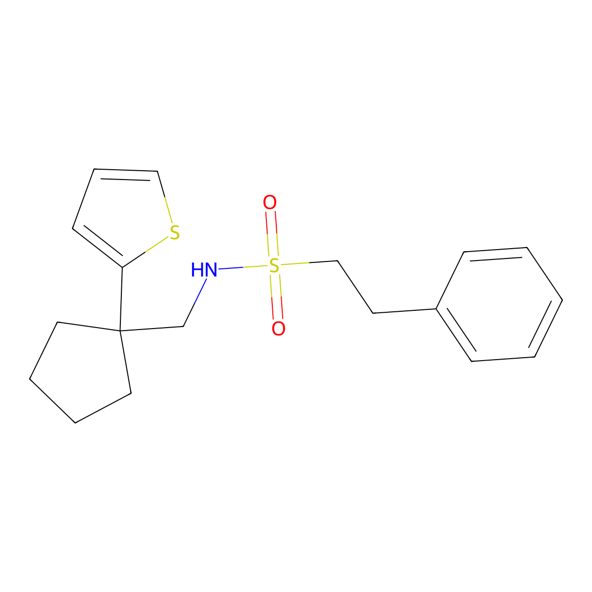 2-phenyl-N-((1-(thiophen-2-yl)cyclopentyl)methyl)ethanesulfonamide molecular structure, CAS 1058475-81-2