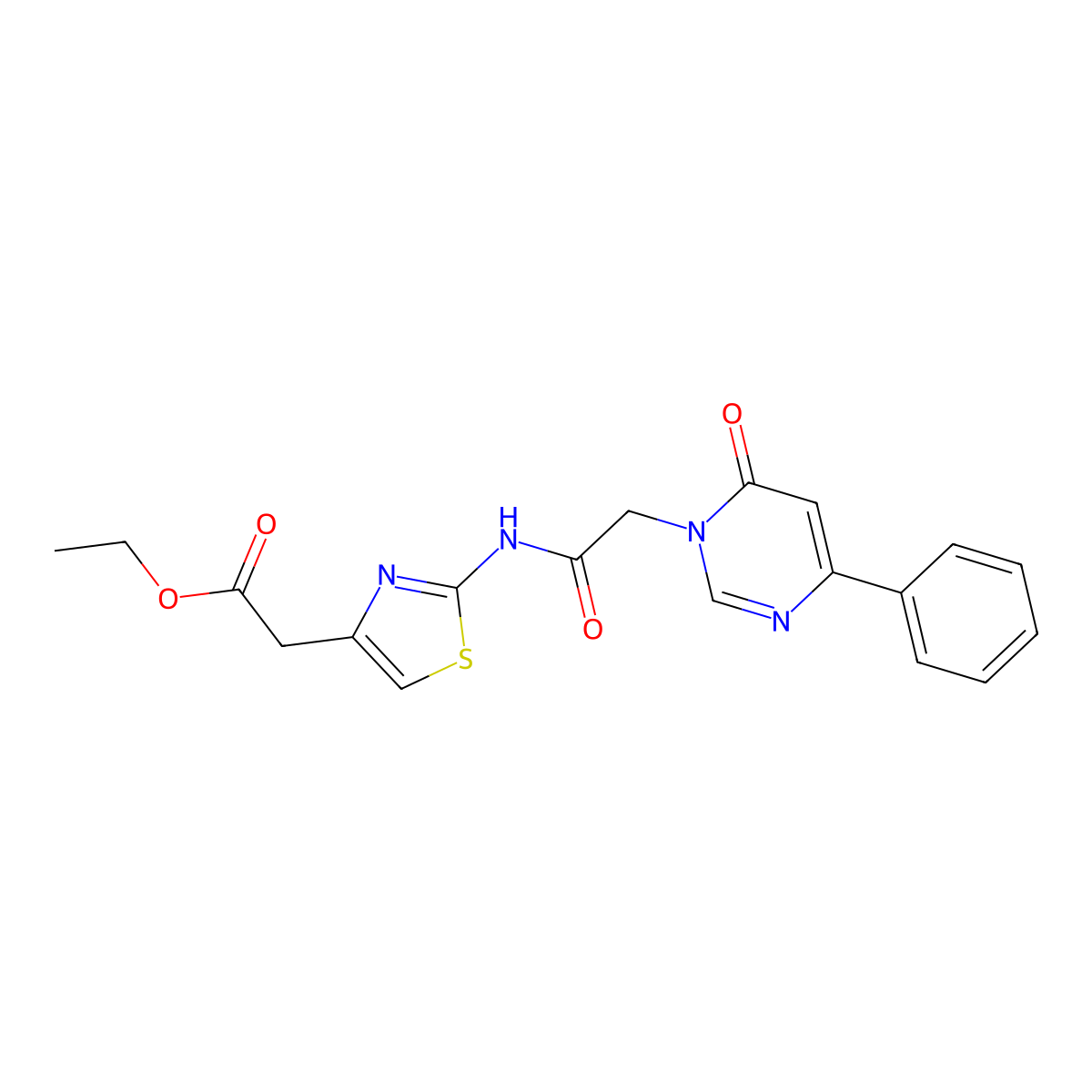 Ethyl 2-{2-[2-(6-oxo-4-phenyl-1,6-dihydropyrimidin-1-yl)acetamido]-1,3-thiazol-4-yl}acetate molecular structure, CAS 1058484-56-2