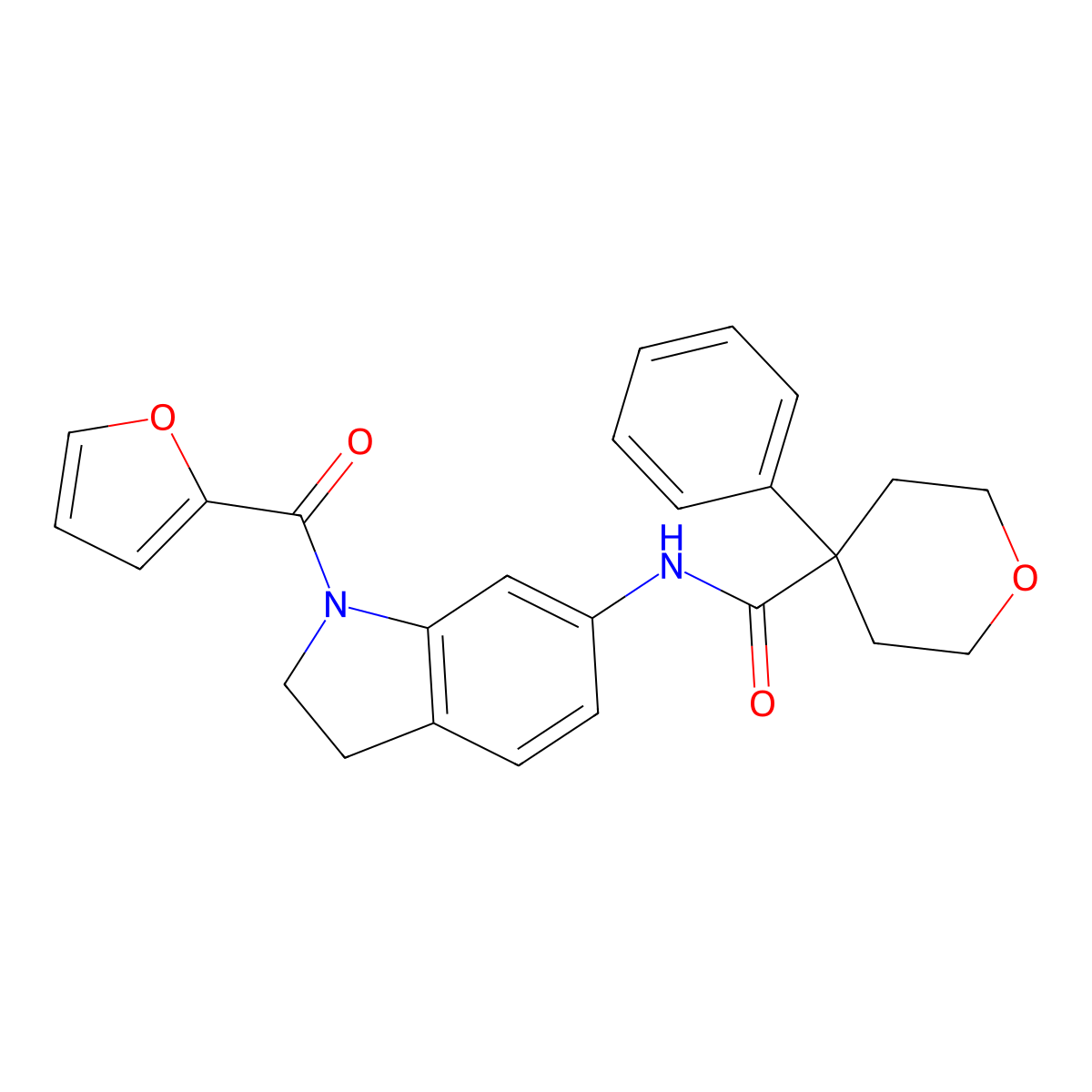 N-(1-(furan-2-carbonyl)indolin-6-yl)-4-phenyltetrahydro-2H-pyran-4-carboxamide molecular structure, CAS 1058490-41-7