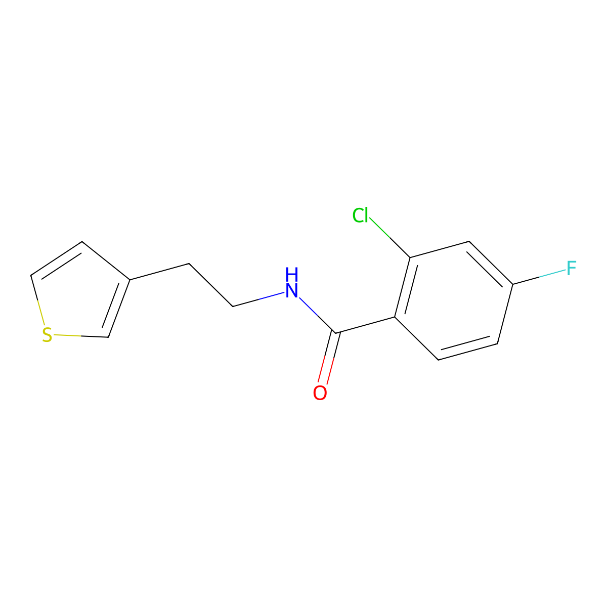 2-chloro-4-fluoro-N-(2-(thiophen-3-yl)ethyl)benzamide molecular structure, CAS 1058491-87-4