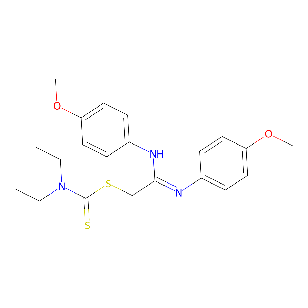 Carbamodithioic acid, diethyl-, 2-((4-methoxyphenyl)amino)-2-((4-methoxyphenyl)imino)ethyl ester molecular structure, CAS 105858-93-3