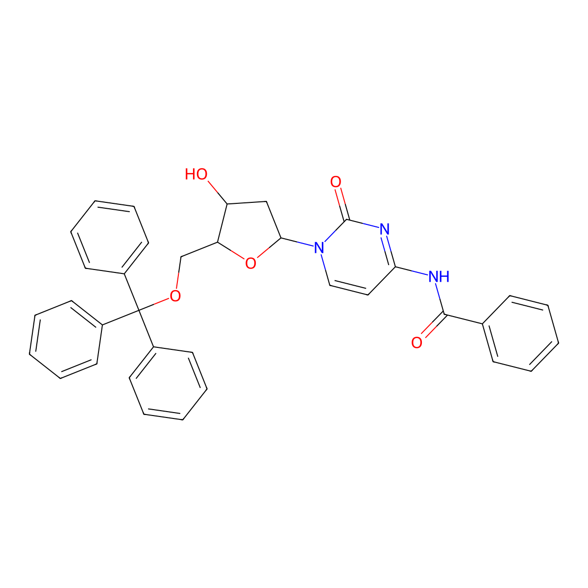 N-[1-[(2R,4S,5R)-4-hydroxy-5-(trityloxymethyl)oxolan-2-yl]-2-oxopyrimidin-4-yl]benzamide molecular structure, CAS 105862-10-0