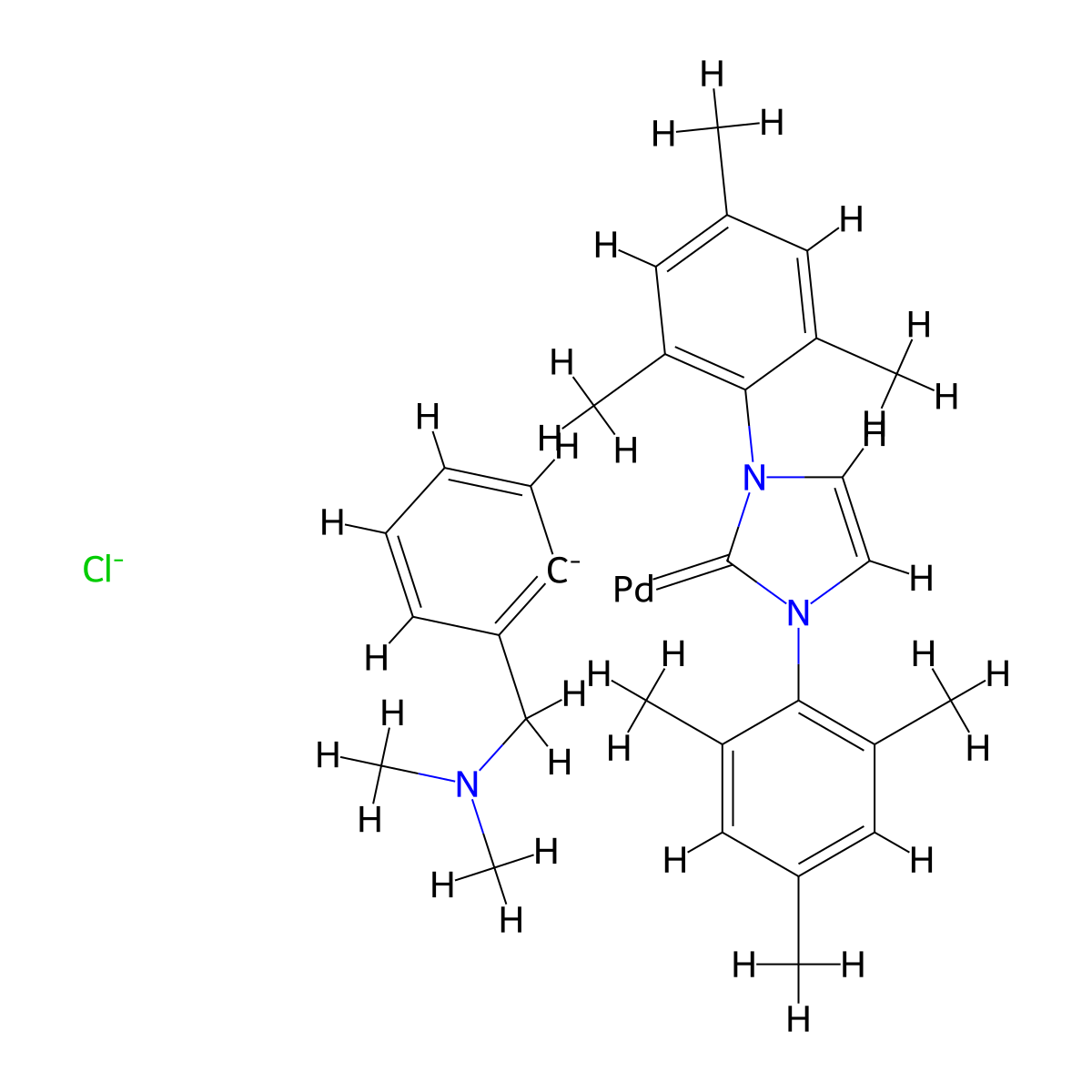 Chloro[(1,3-dimesitylimidazol-2-ylidene)(N,N-dimethylbenzylamine)palladium(II)] molecular structure, CAS 1058661-78-1