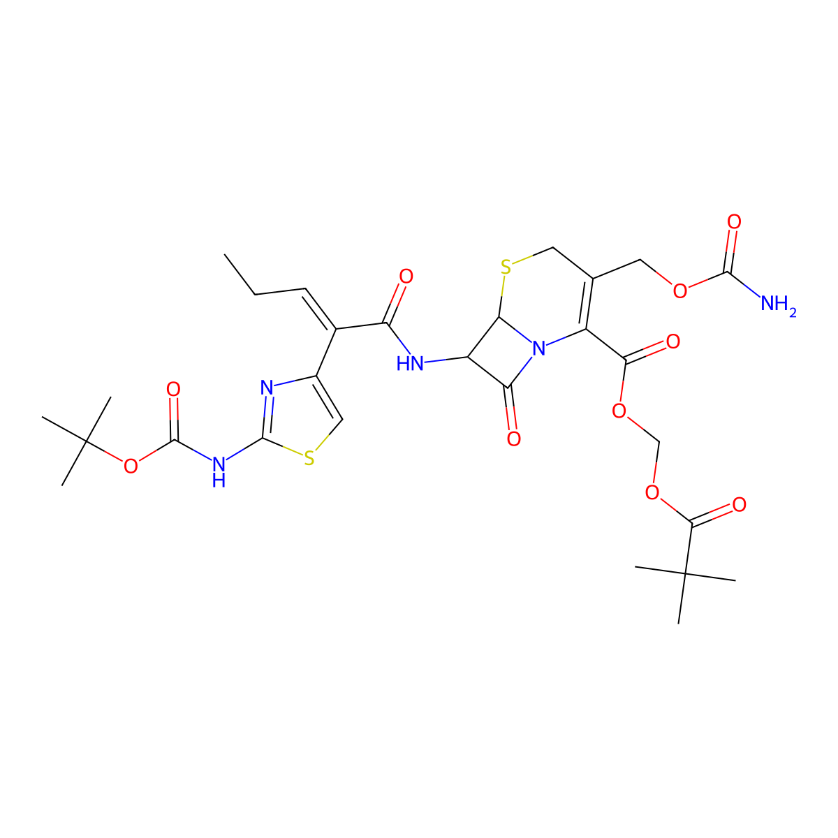 (2,2-Dimethyl-1-oxopropoxy)methyl (6R,7R)-3-[[(aminocarbonyl)oxy]methyl]-7-[[(2Z)-2-[2-[[(1,1-dimethylethoxy)carbonyl]amino]-4-thiazolyl]-1-oxo-2-penten-1-yl]amino]-8-oxo-5-thia-1-azabicyclo[4.2.0]oct-2-ene-2-carboxylate molecular structure, CAS 105889-80-3