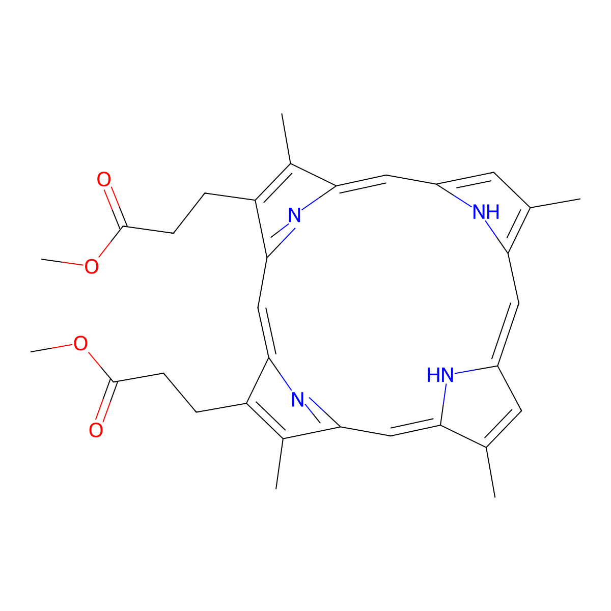 21H,23H-Porphine-2,18-dipropanoic acid, 3,7,12,17-tetramethyl-, 2,18-dimethyl ester molecular structure, CAS 10589-94-3