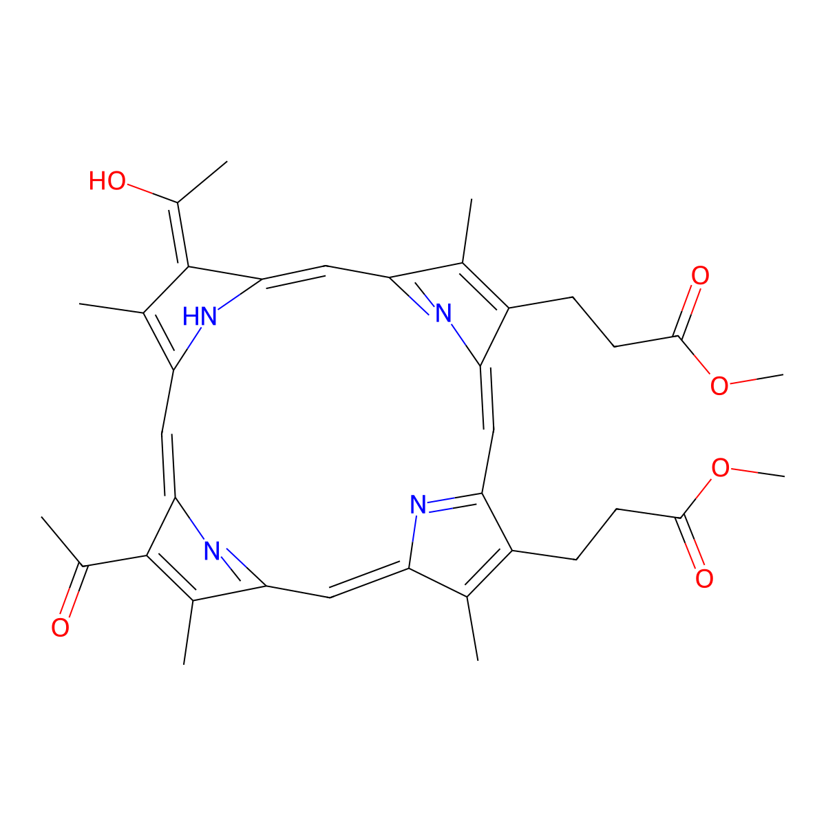 methyl 3-[8-acetyl-13-(1-hydroxyethylidene)-18-(3-methoxy-3-oxopropyl)-3,7,12,17-tetramethyl-23H-porphyrin-2-yl]propanoate molecular structure, CAS 10591-31-8
