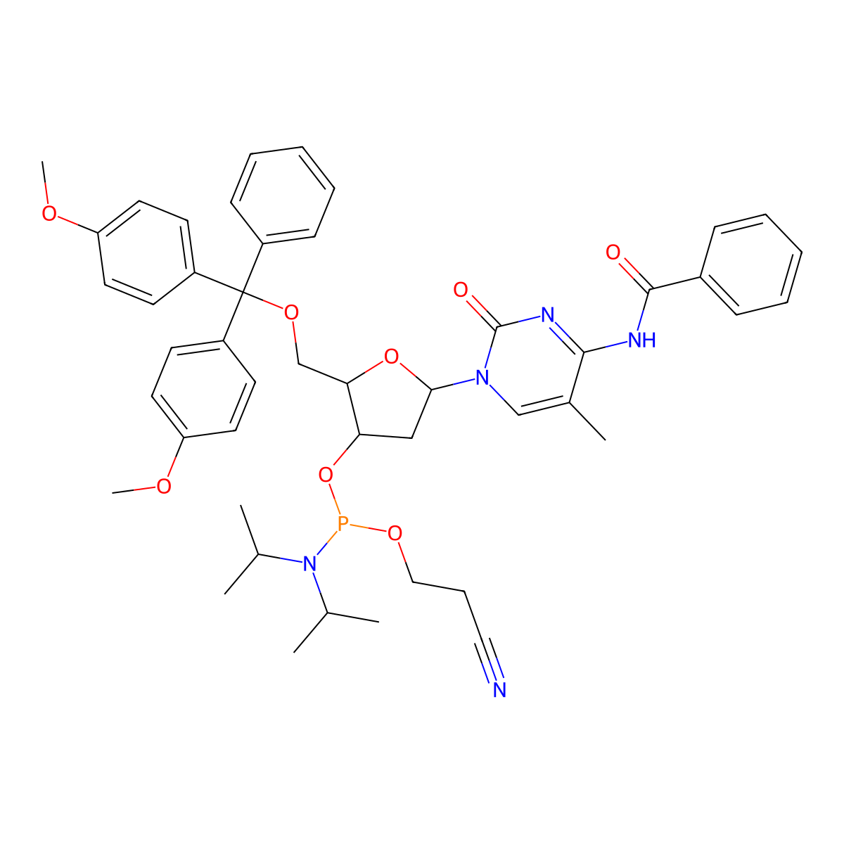 Cytidine, N-benzoyl-5'-O-(bis(4-methoxyphenyl)phenylmethyl)-2'-deoxy-5-methyl-, 3'-(2-cyanoethyl N,N-bis(1-methylethyl)phosphoramidite) molecular structure, CAS 105931-57-5