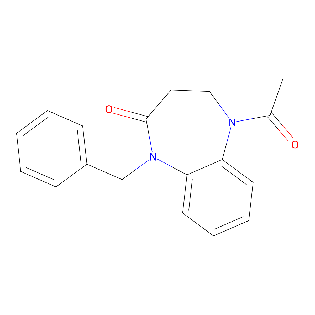 2H-1,5-Benzodiazepin-2-one, 1,3,4,5-tetrahydro-5-acetyl-1-(phenylmethyl)- molecular structure, CAS 105931-86-0