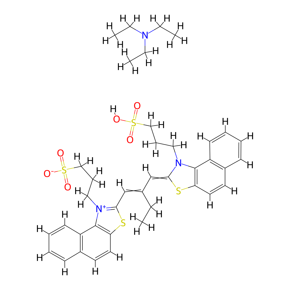 Hydrogen 1-(3-sulphonatopropyl)-2-(2-((1-(3-sulphonatopropyl)naphtho(1,2-d)thiazolin-2-ylidene)methyl)but-1-enyl)naphtho(1,2-d)thiazolium, compound with triethylamine molecular structure, CAS 105938-66-7