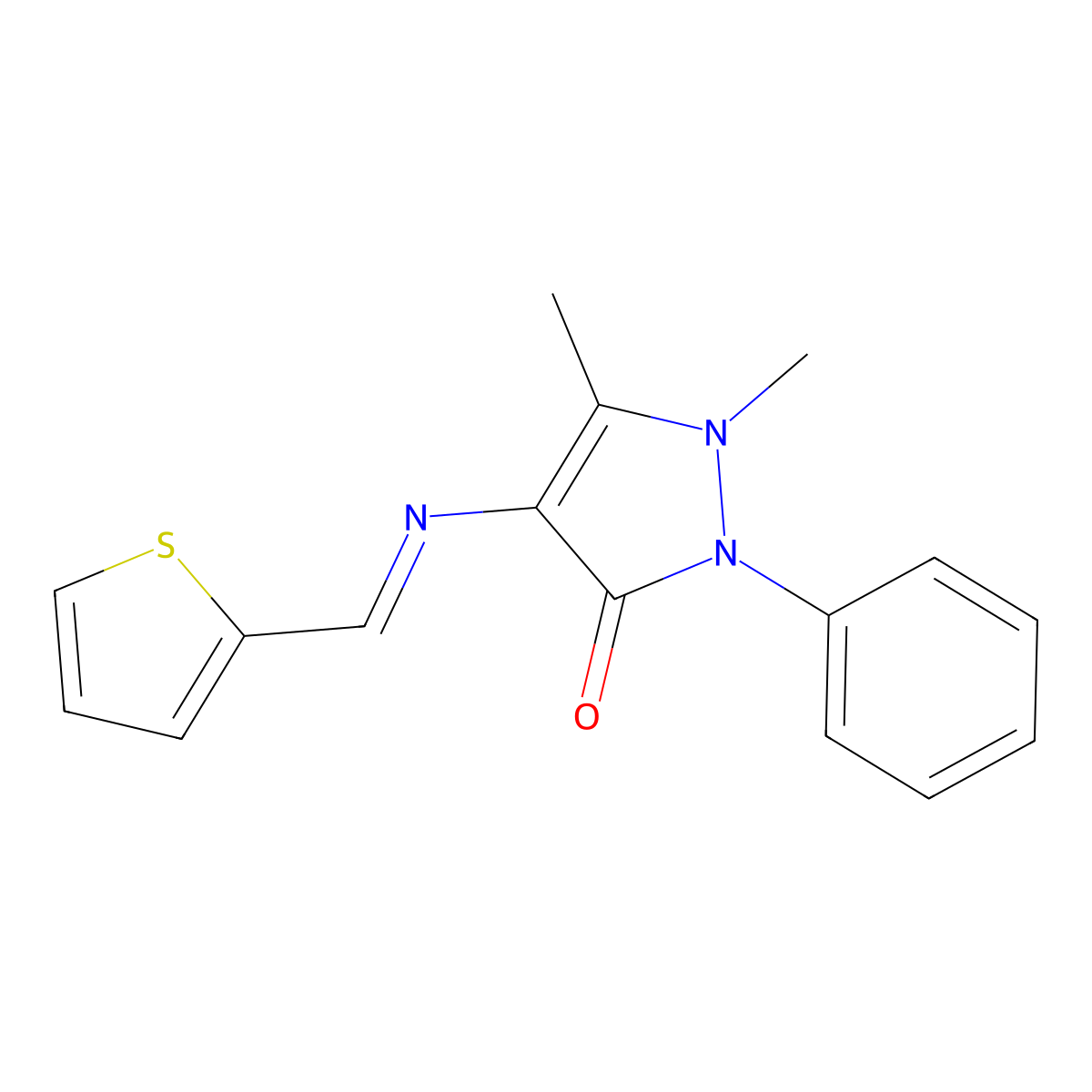 1,5-Dimethyl-2-phenyl-4-[(2-thienylmethylene)amino]-1,2-dihydro-3H-pyrazol-3-one molecular structure, CAS 105949-51-7