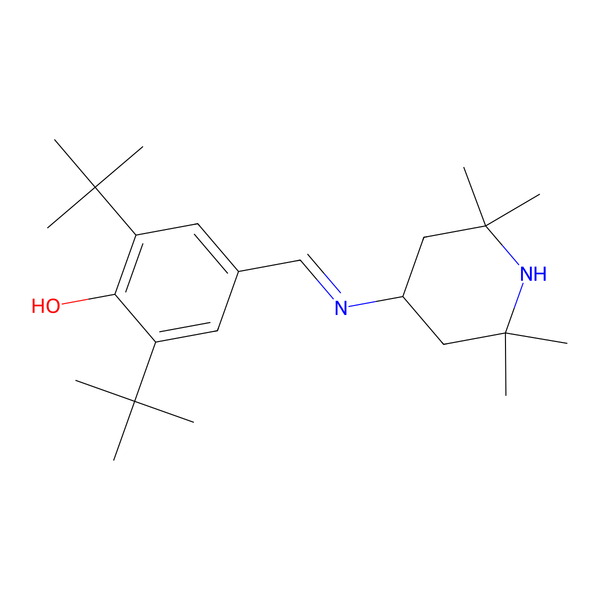 2,6-Di-tert-butyl-4-((2,2,6,6-tetramethylpiperidin-4-ylimino)-methyl)-phenol molecular structure, CAS 105956-94-3