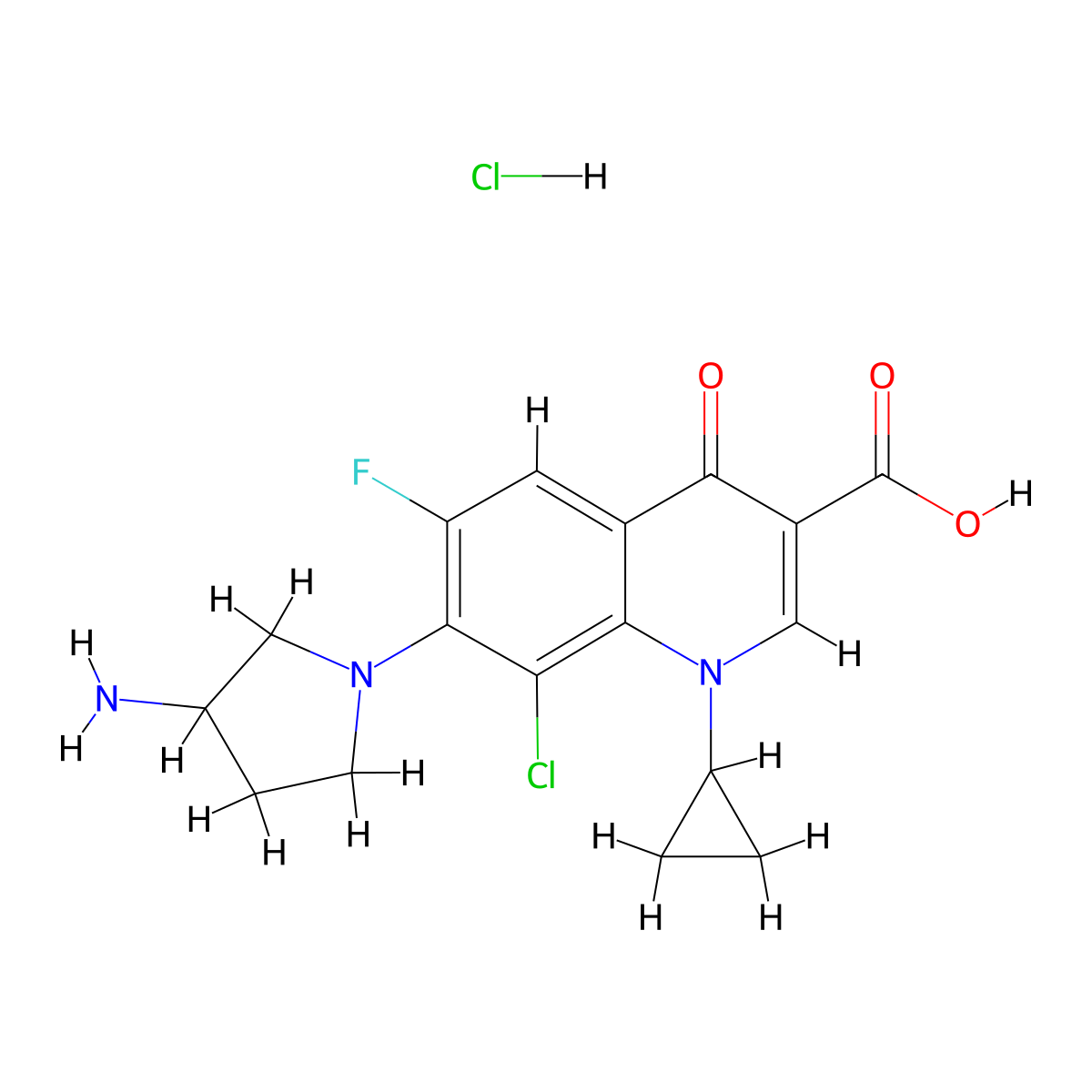 3-Quinolinecarboxylic acid, 7-(3-amino-1-pyrrolidinyl)-8-chloro-1-cyclopropyl-6-fluoro-1,4-dihydro-4-oxo-, hydrochloride (1:1) molecular structure, CAS 105956-99-8